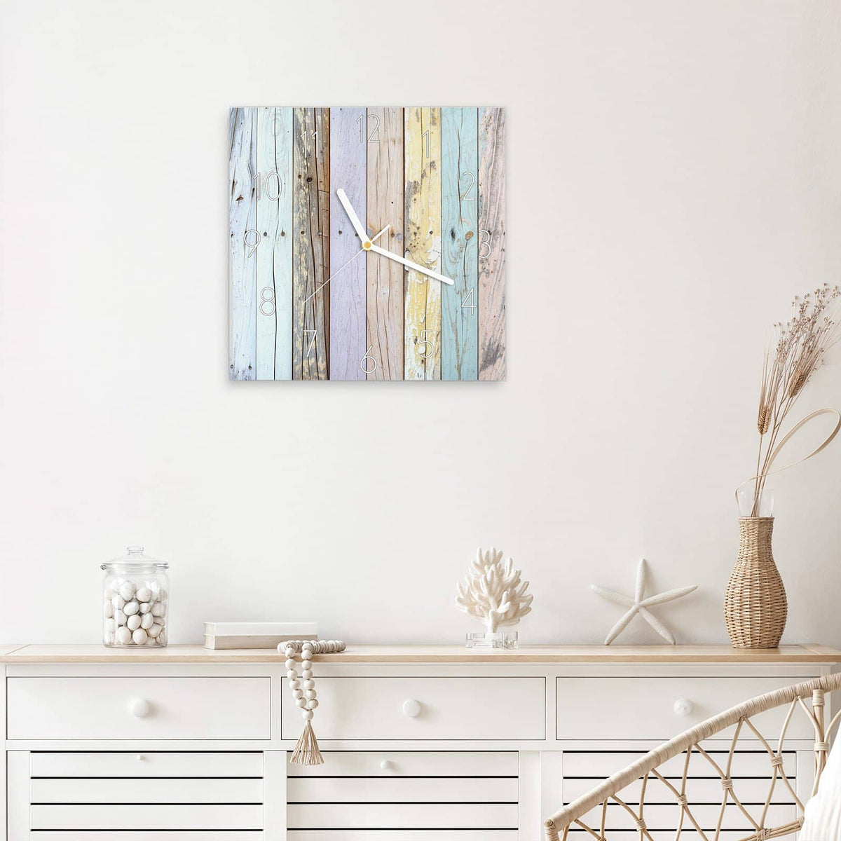 Wanduhr Holzbretter in Pastell aus Glas – Quadratisch 30 × 30 cm – Pastellfarbene Holzbretter nebeneinander