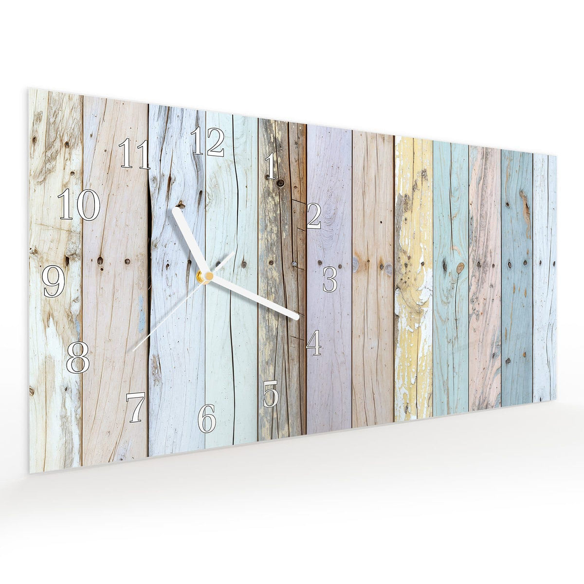 Vormontiert – mit Schwebeeffekt – Wanduhr Bunte Holzplanken aus Glas – Querformat 60 × 30 cm