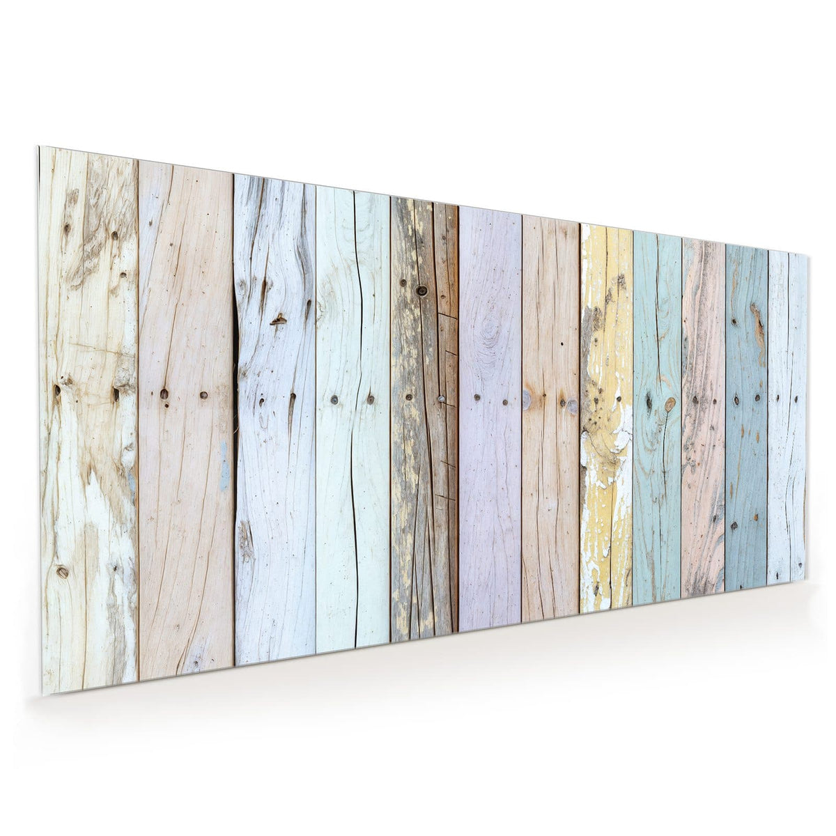 Küchenrückwand aus Glas im Hochformat mit Motiv Holzbretter in Pastell: Senkrechte Bretter in verblasstem Flieder, Mint, Gelb und Rosa