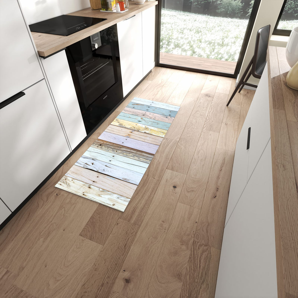 Flacher Küchenläufer mit Motiv Bunte Holzplanken in moderner Küche #grösse_60 x 150 cm
