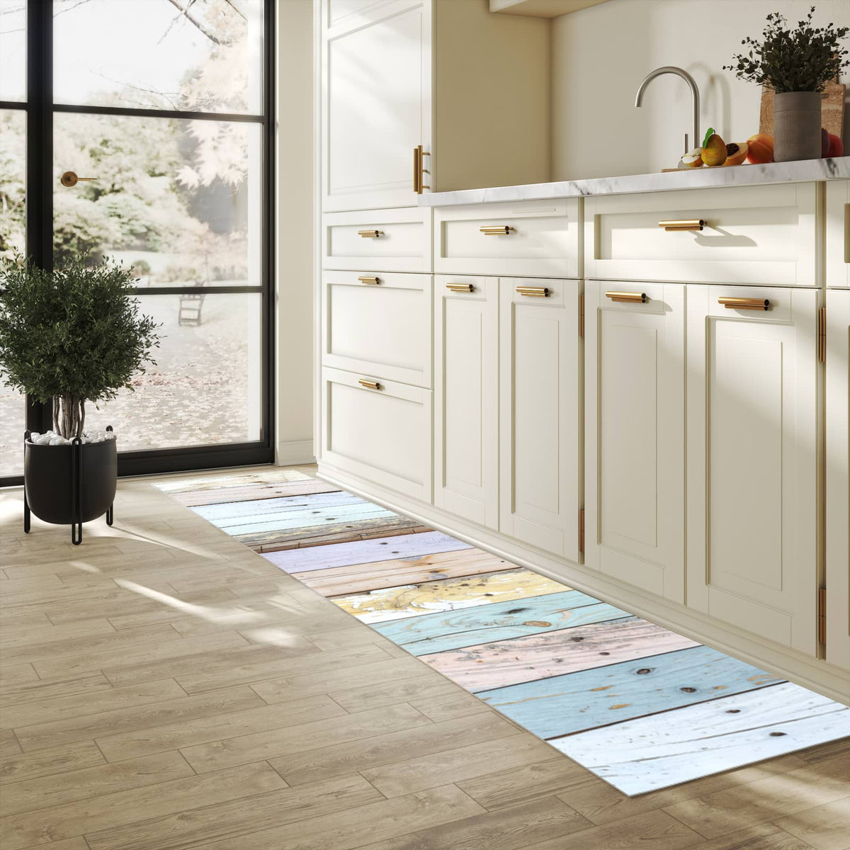 Farbbeständiger Küchenteppich mit Motiv Bunte Holzplanken in heller Küche