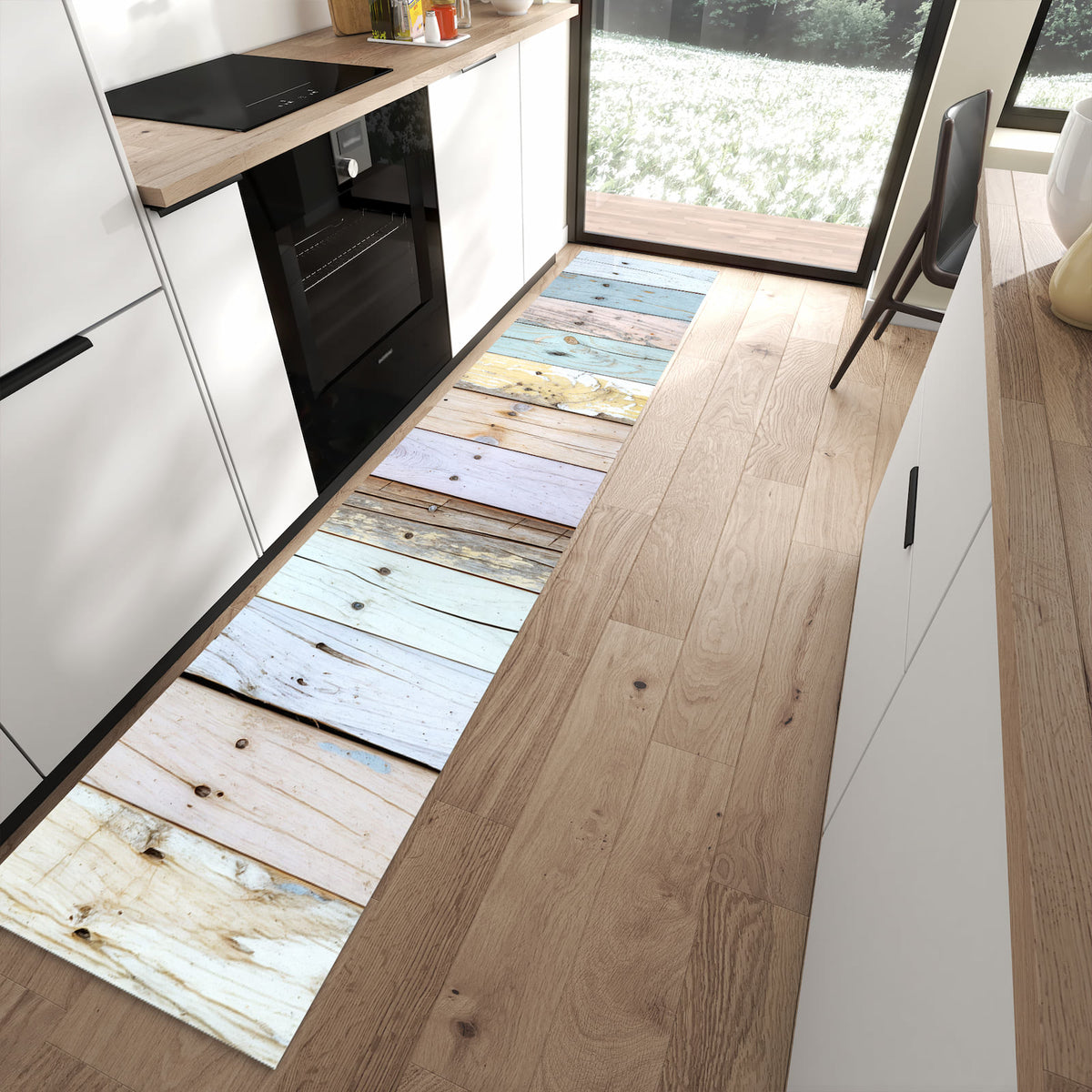 Hygienischer rutschfester Küchenteppich mit Motiv Bunte Holzplanken in moderner Küche