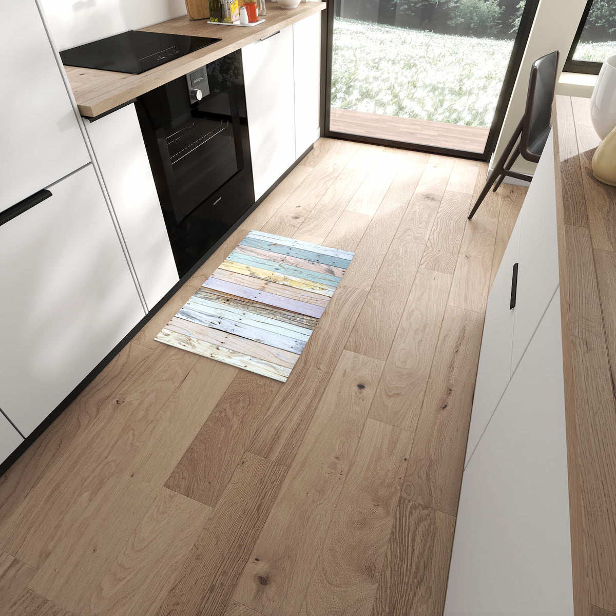 Strapazierfähiger Küchenteppich mit Motiv Bunte Holzplanken in moderner Küche