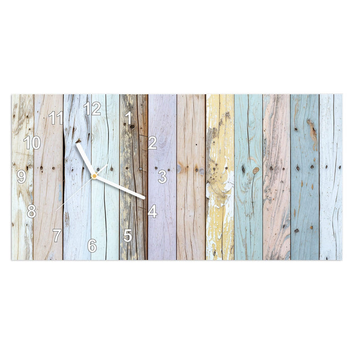 Wanduhr Bunte Holzplanken aus Glas – Querformat 60 × 30 cm mit Ziffernblatt Modern