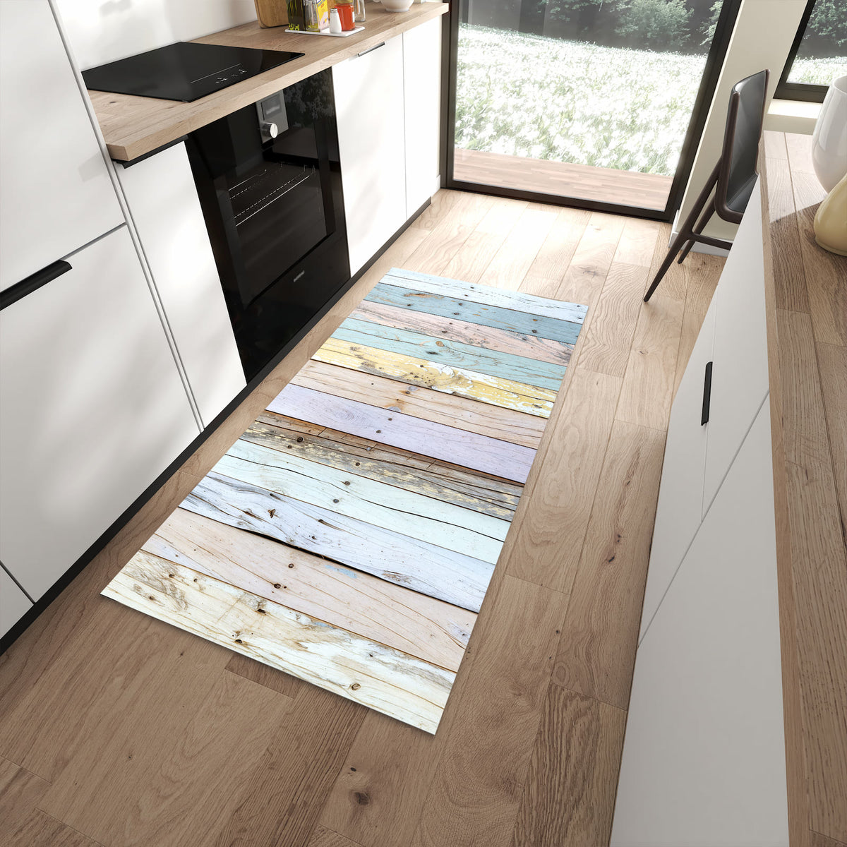 Bodenschonender Küchenteppich mit Motiv Bunte Holzplanken in moderner Küche