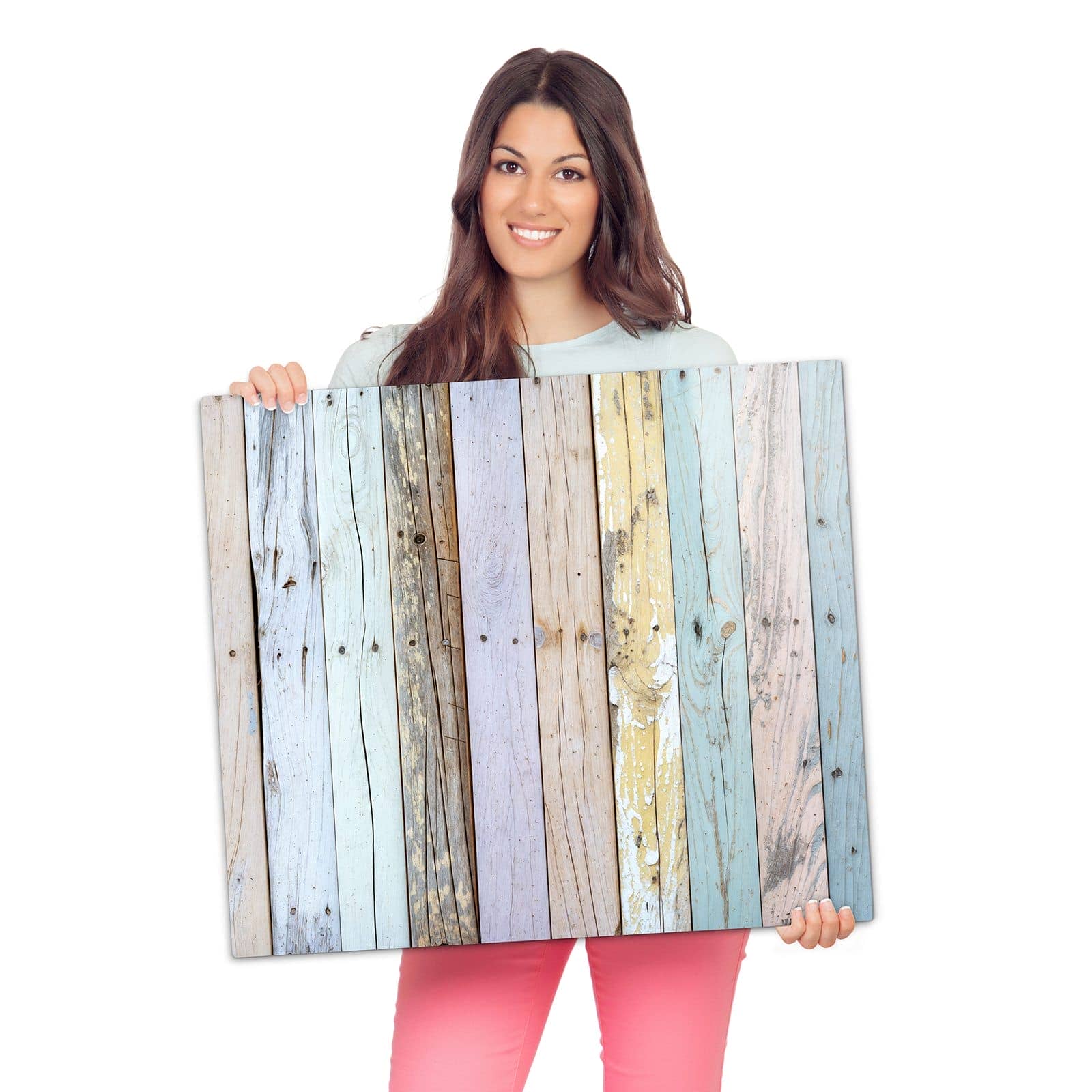 Abdeckung für Herdplatten mit Bunte Holzplanken-Motiv wird zur Größendarstellung gehalten