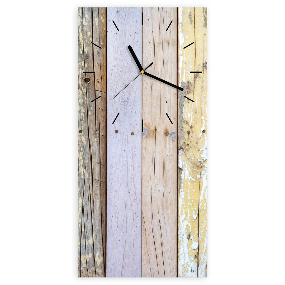 Wanduhr aus Glas, Ziffernblatt Linie mit Motiv Holzbretter in Pastell: Senkrechte Bretter in verblasstem Flieder, Mint, Gelb und Rosa
