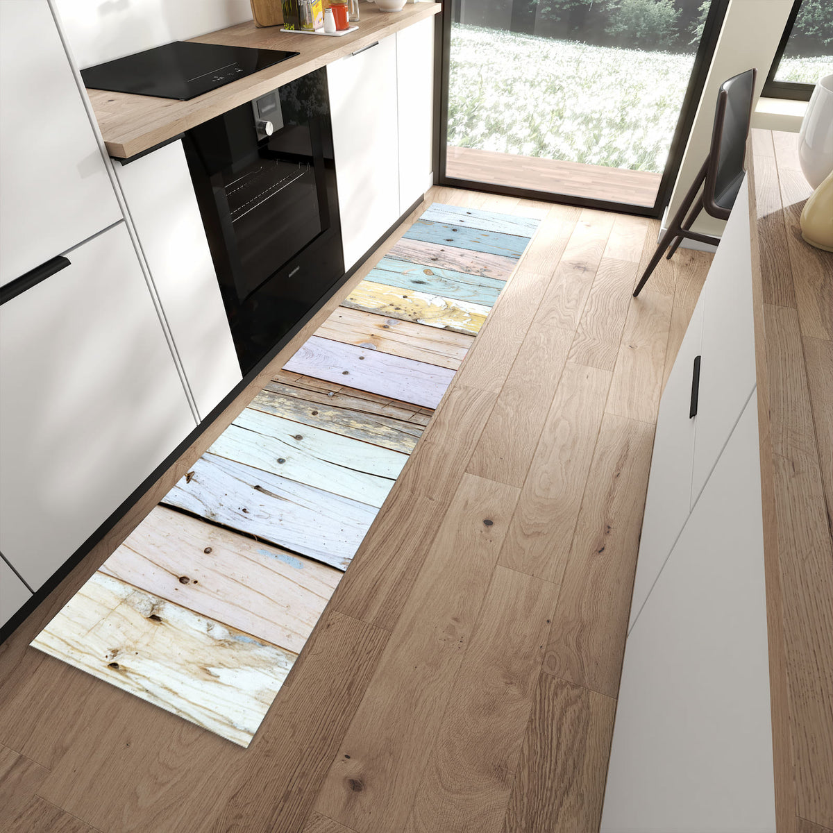 Komfortabler Küchenteppich mit Motiv Bunte Holzplanken in moderner Küche