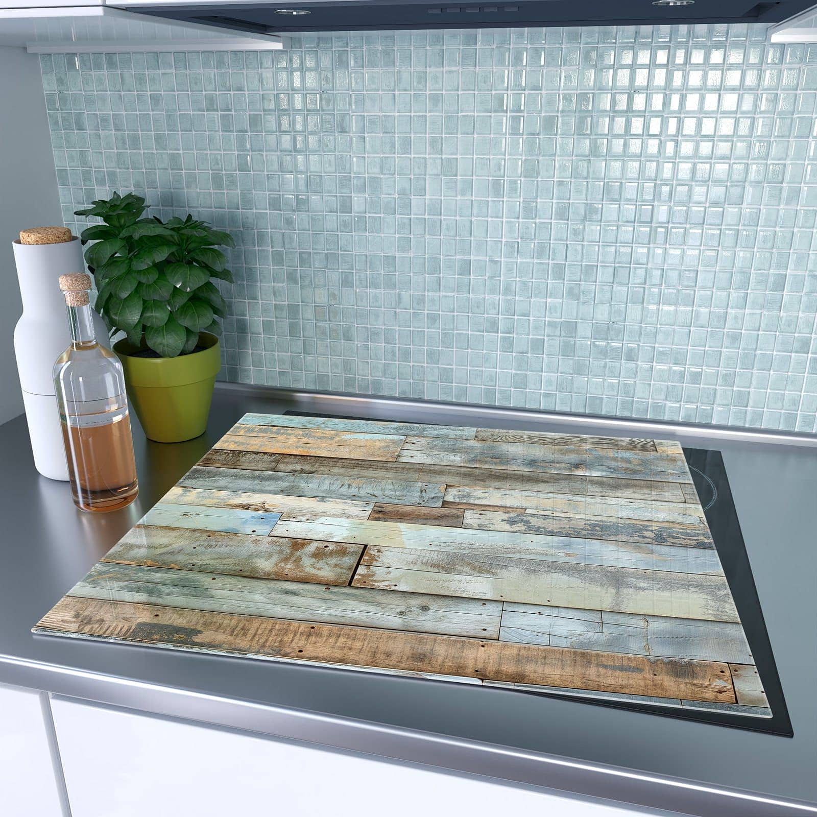 1-teilige Herdabdeckplatten aus Glas mit Alte Holzplanken-Motiv auf dem Ceranfeld