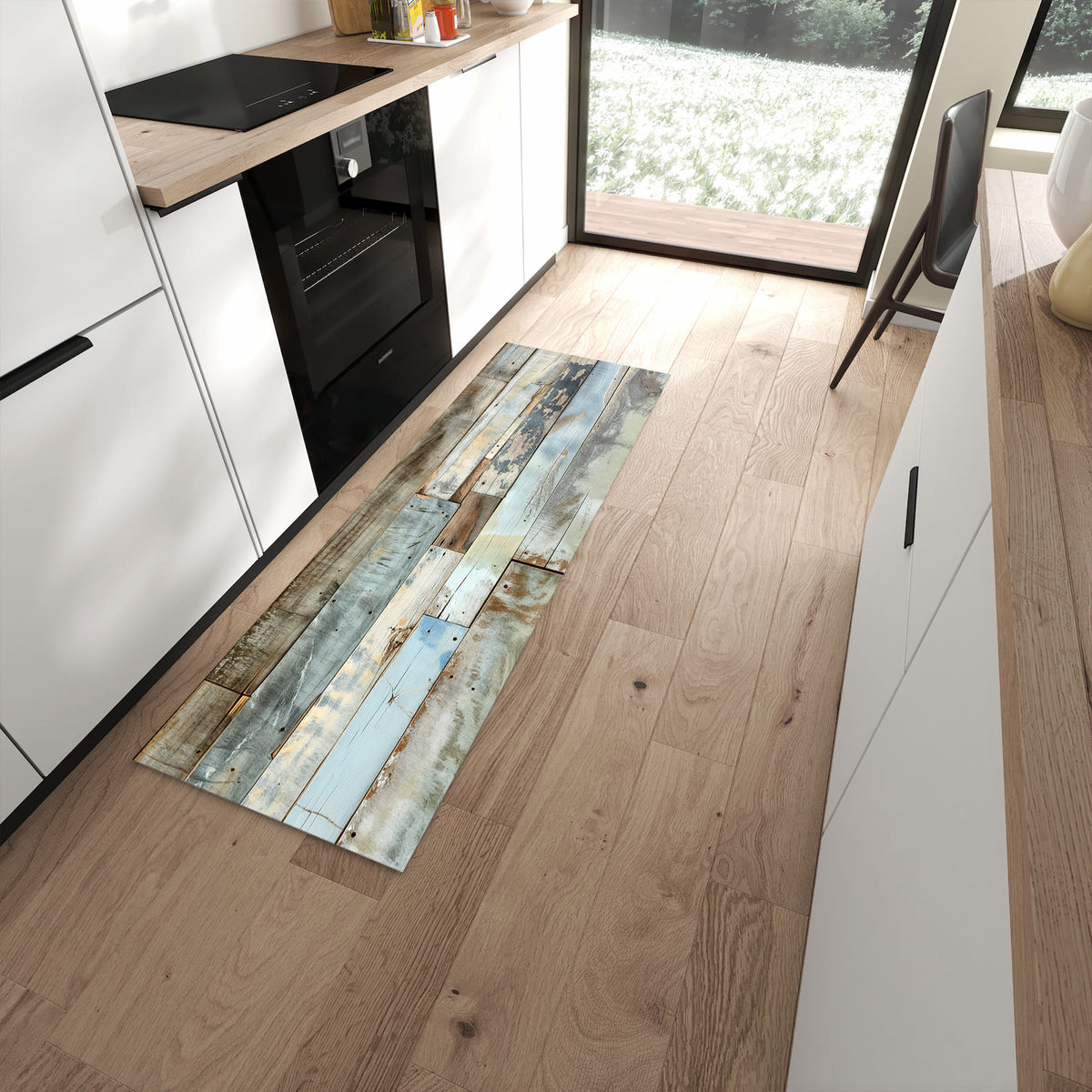 Formstabiler Küchenläufer mit Motiv Alte Holzplanken in moderner Küche