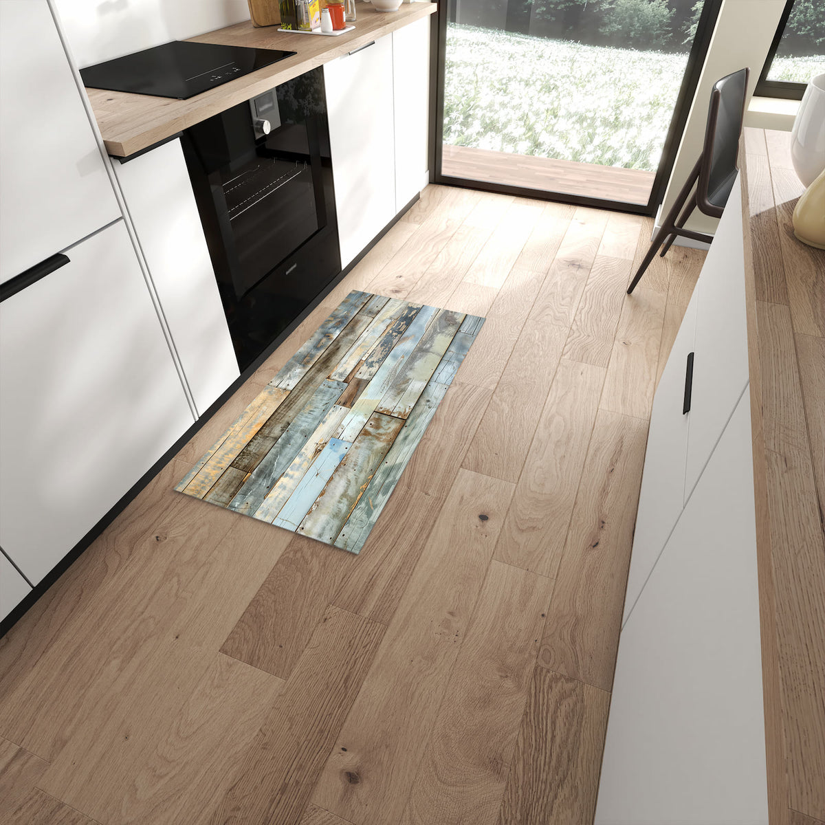 Bodenschonender Küchenläufer nach Maß mit Motiv Alte Holzplanken in moderner Küche #grösse_60 x 120 cm