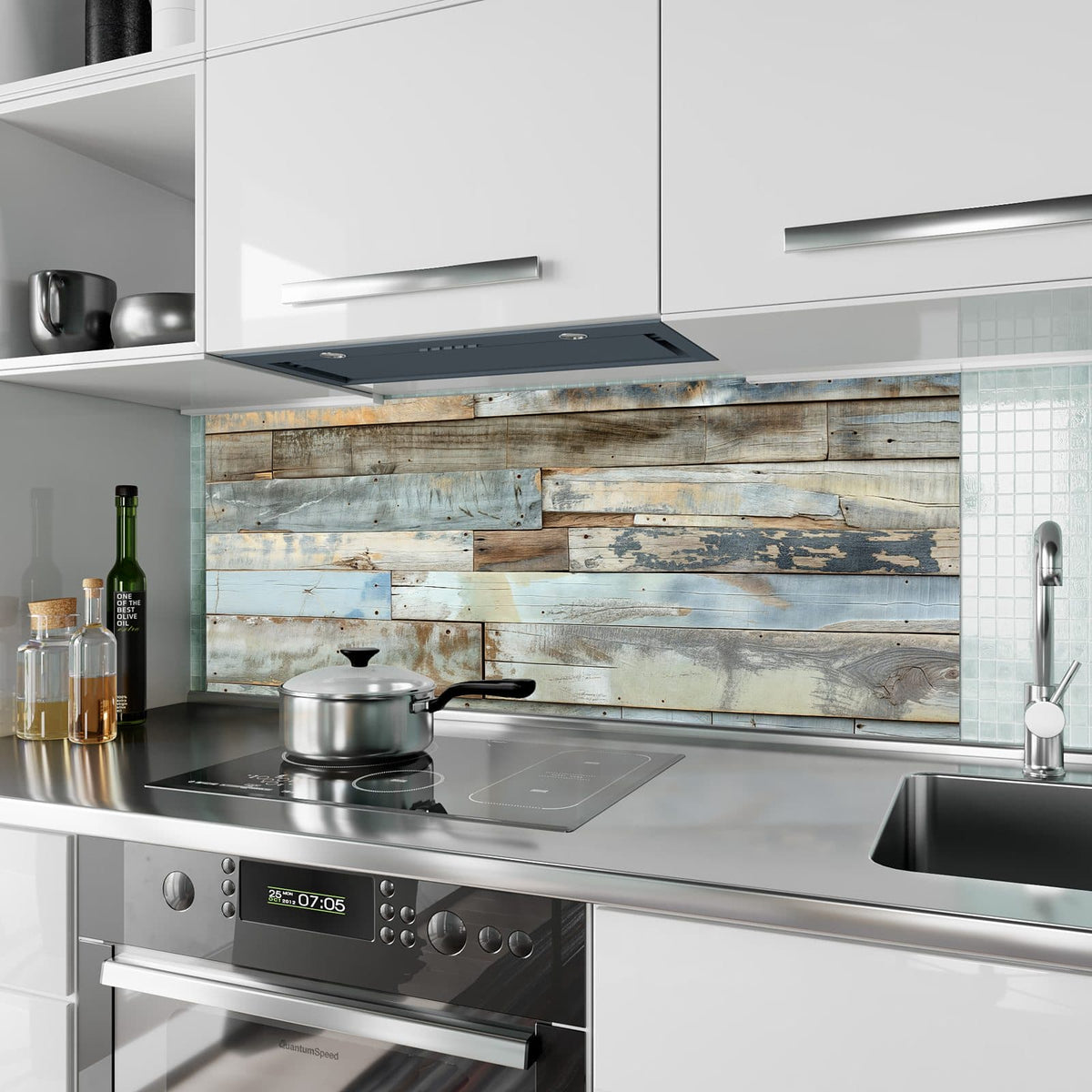 Küchenrückwand Holz in Blau und Braun aus Glas – Verwitterte Bretter in Blau und Braun