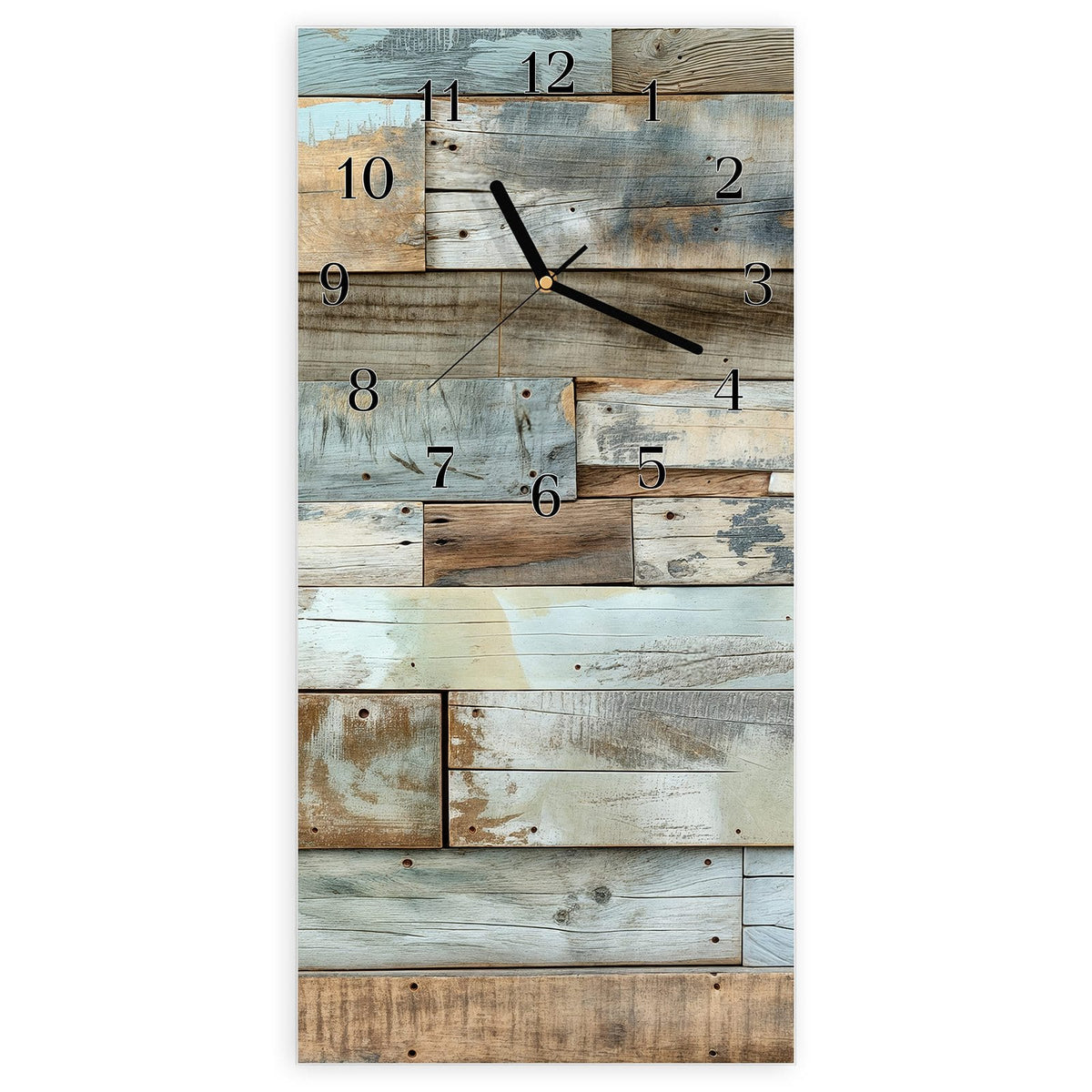 Wanduhr aus Glas, Ziffernblatt Klassisch: Verwitterte Holzbretter in Hellblau, Türkis, Beige und Braun #ziffernblatt_Klassisch