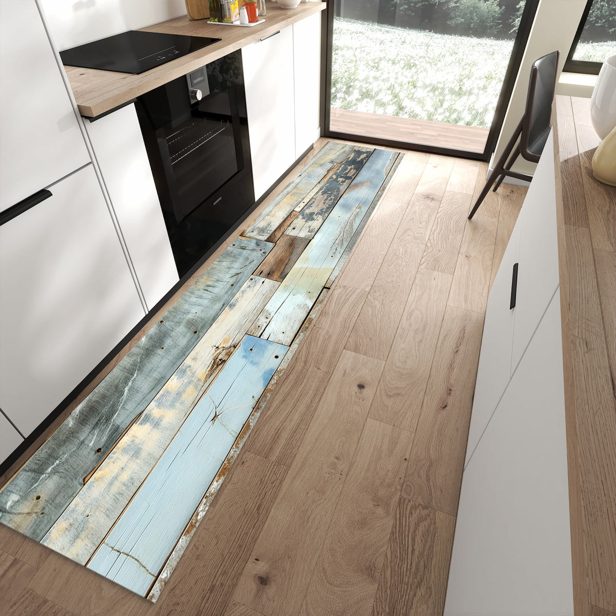 Geräuschdämpfender Küchenteppich mit Motiv Alte Holzplanken in moderner Küche