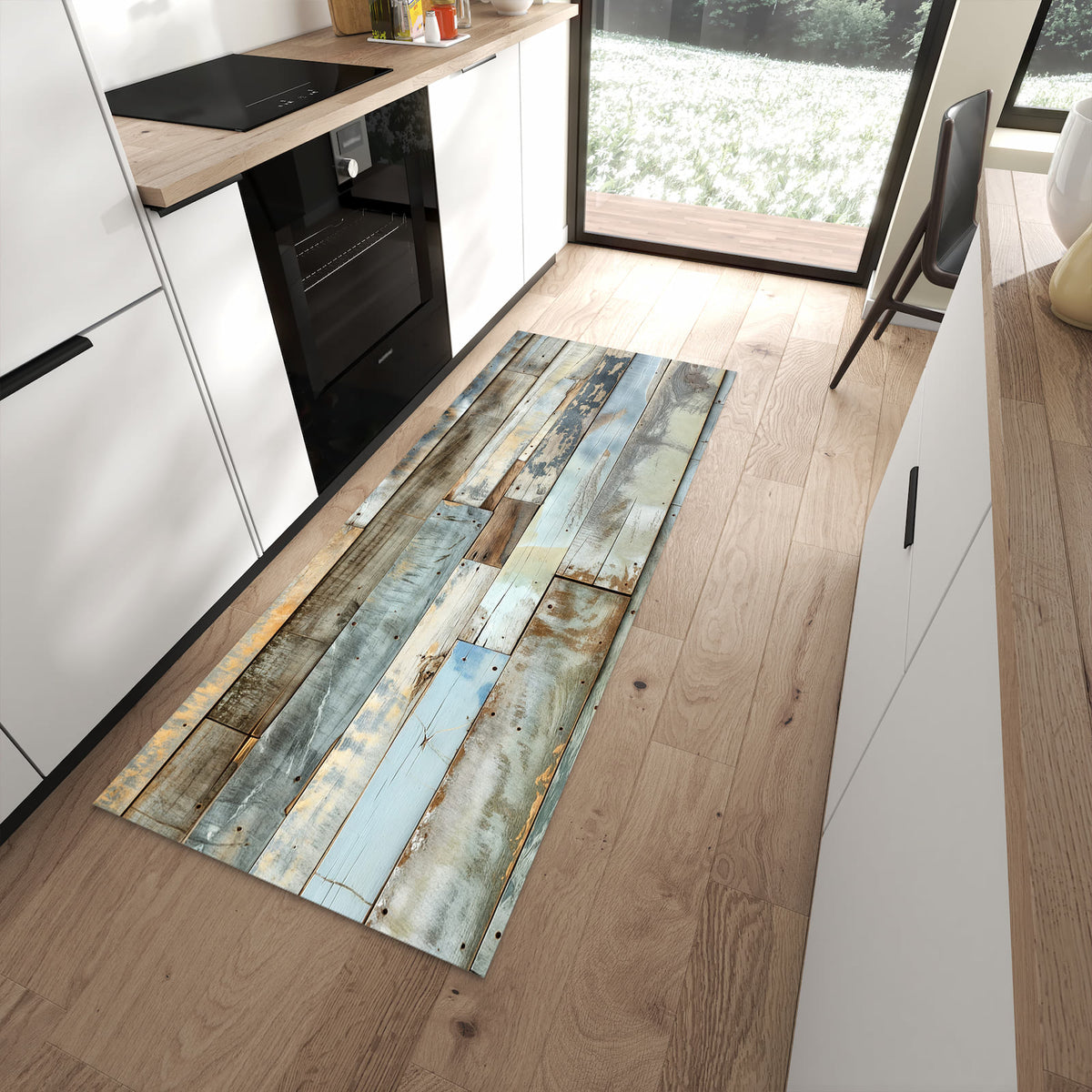 UV-beständiger Teppich für Küche mit Motiv Alte Holzplanken in moderner Küche