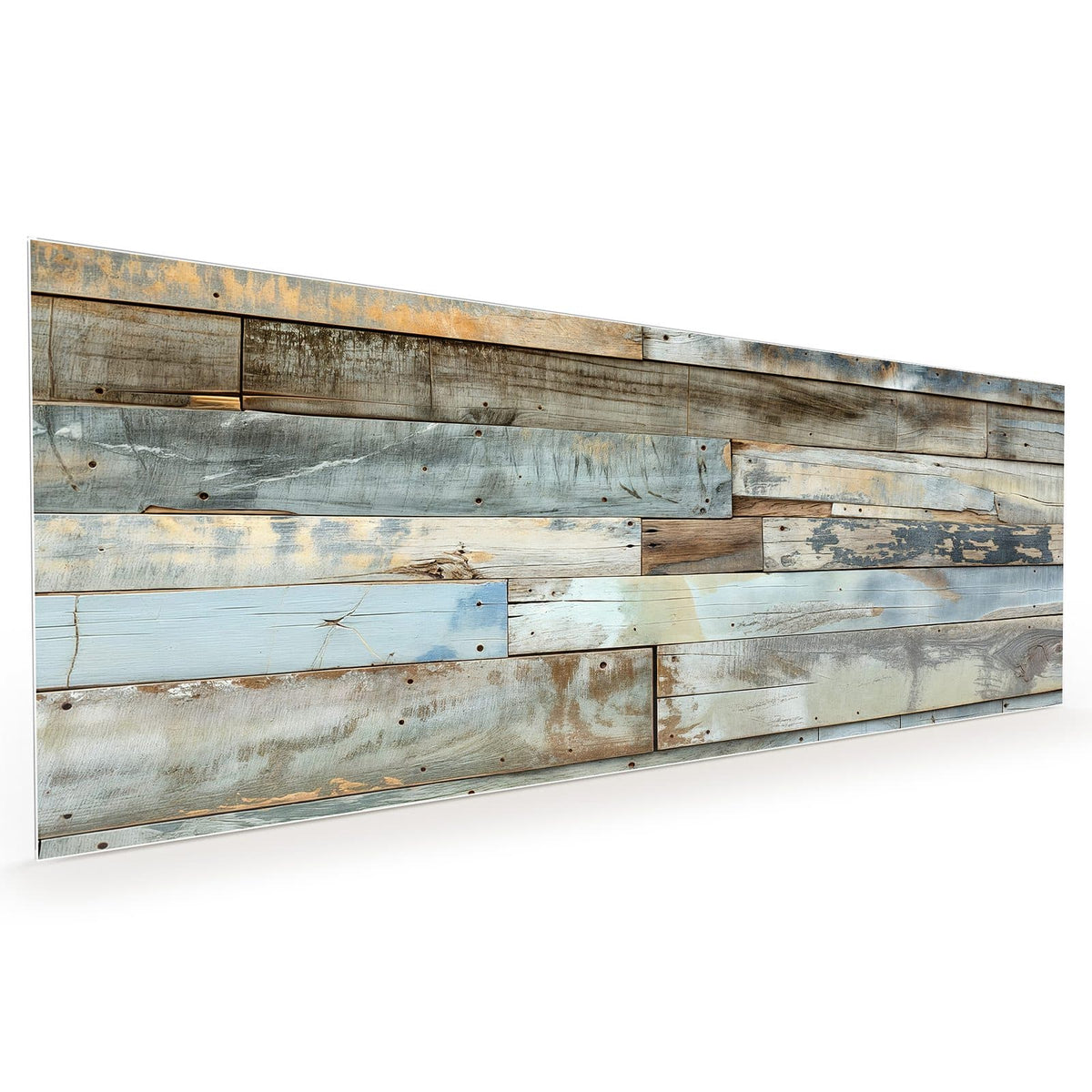 Küchenrückwand aus Glas im Hochformat: Verwitterte Holzbretter in Hellblau, Türkis, Beige und Braun