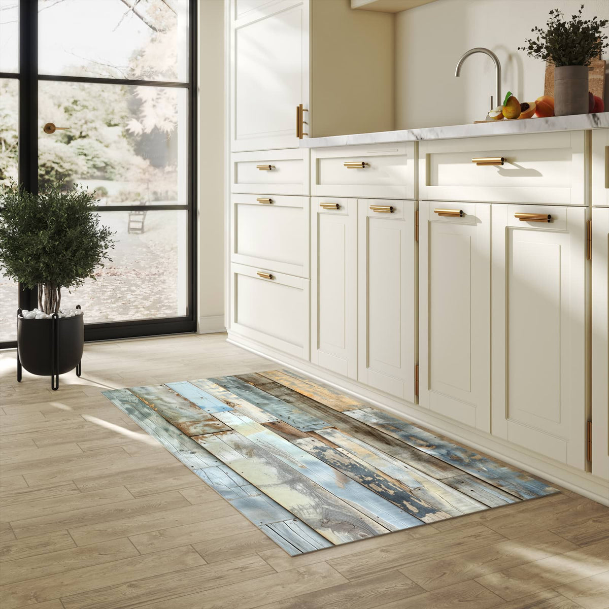 Waschbarer Teppich fürs Esszimmer mit Motiv Alte Holzplanken in heller Küche