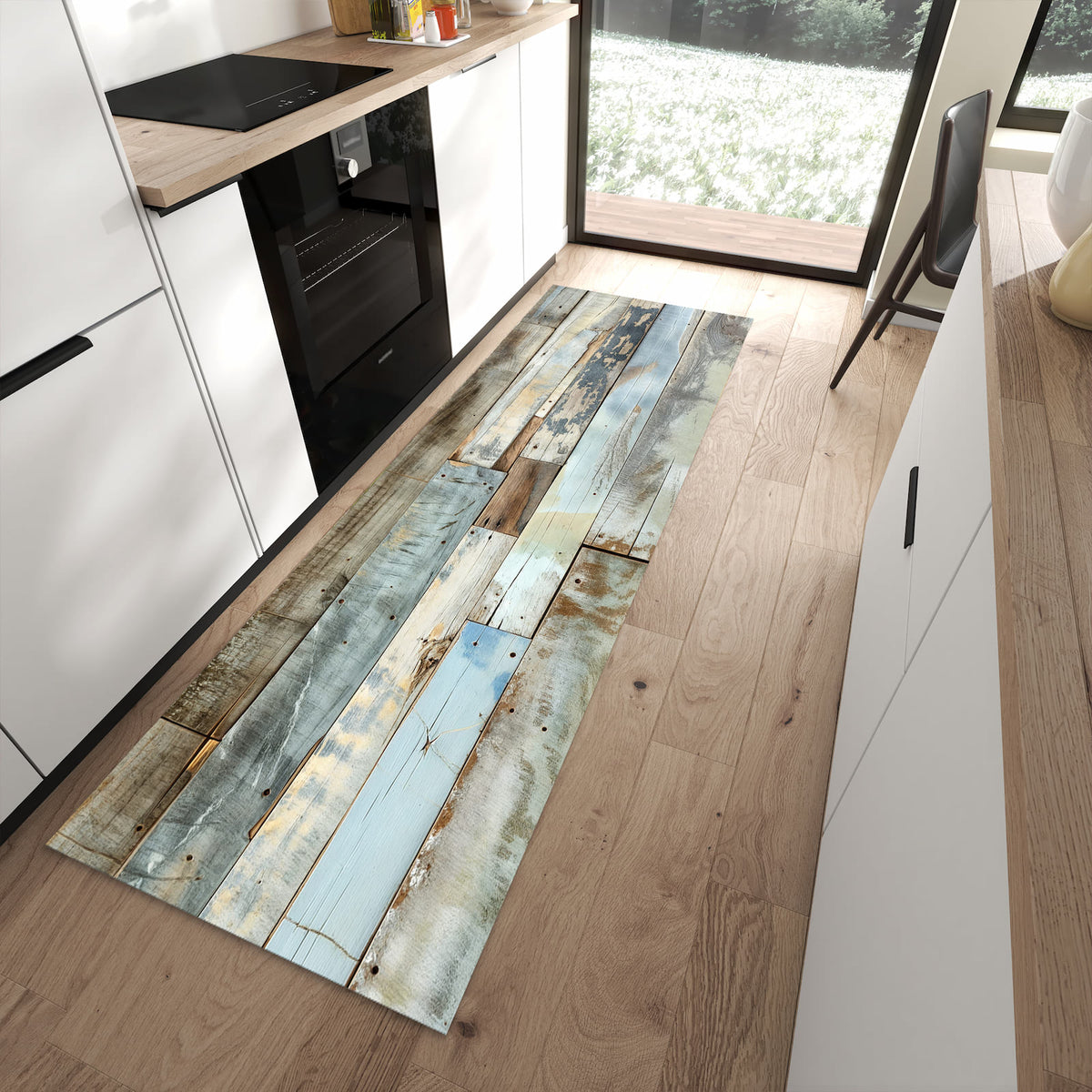 Komfortabler Küchenteppich mit Motiv Alte Holzplanken in moderner Küche
