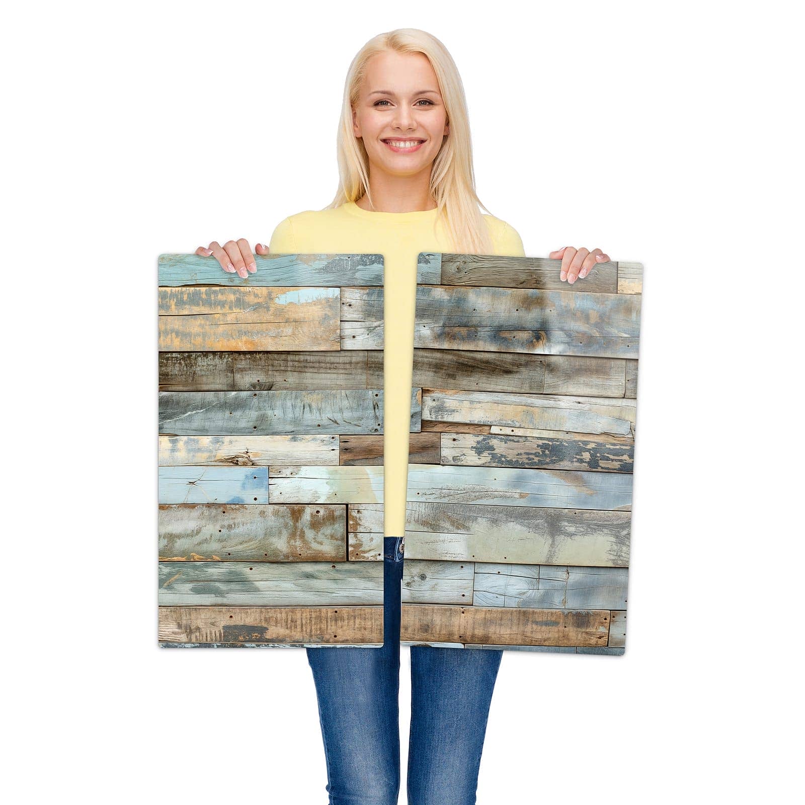 2-teilige Abdeckplatten für Herd mit Alte Holzplanken-Motiv wird zur Größendarstellung gehalten
