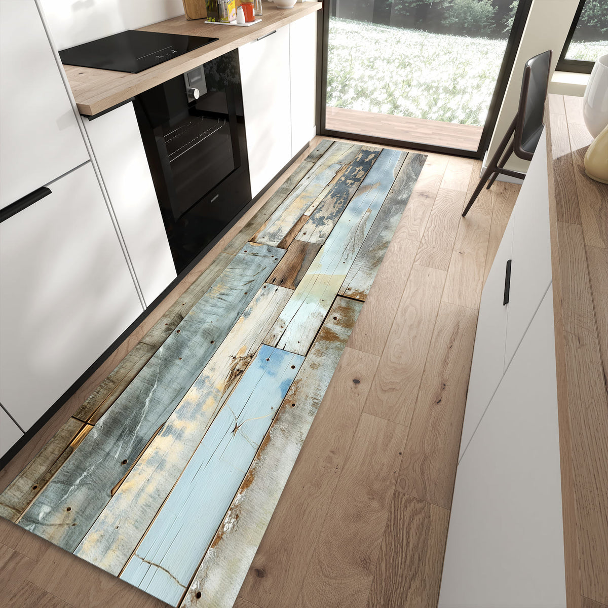 Fleckenresistenter Küchenteppich mit Motiv Alte Holzplanken in moderner Küche