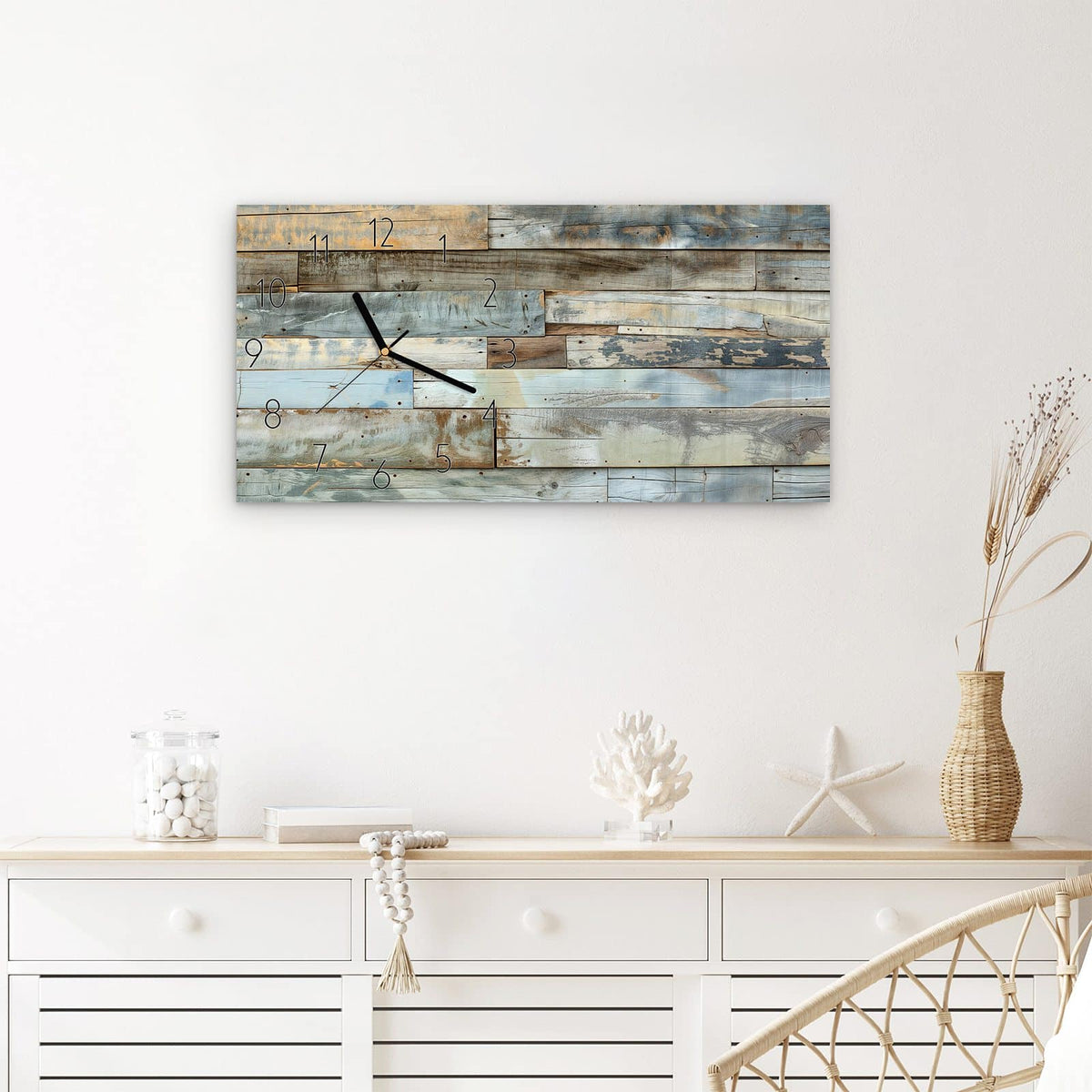 Wanduhr Alte Holzplanken aus Glas – Querformat 60 × 30 cm – Verwitterte Bretter in Blau und Braun