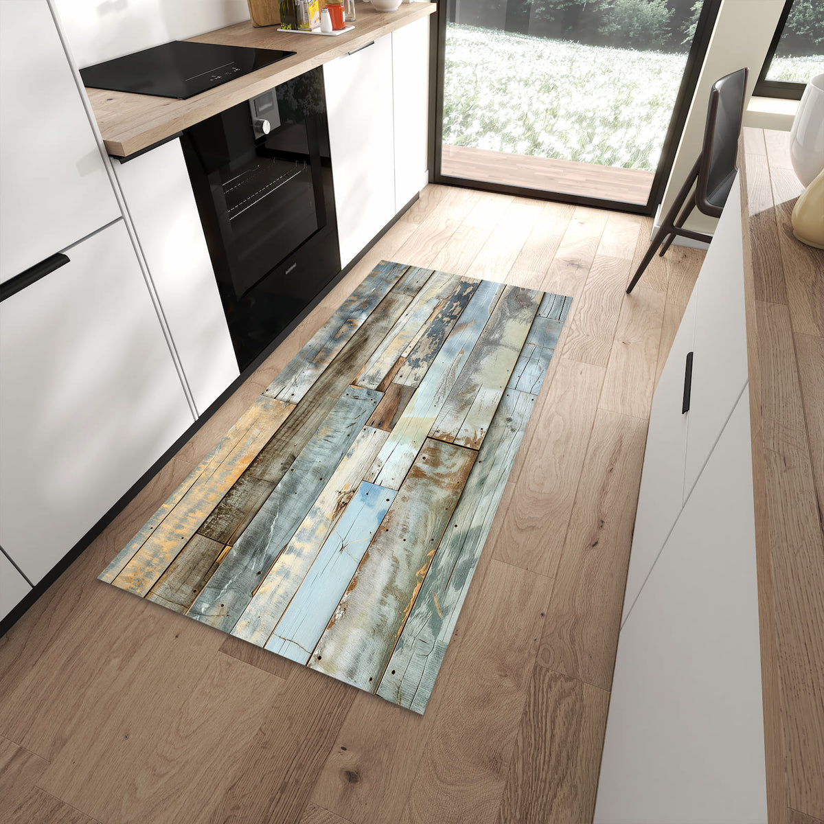 Schmutzabweisender Küchenteppich mit Motiv Alte Holzplanken in moderner Küche