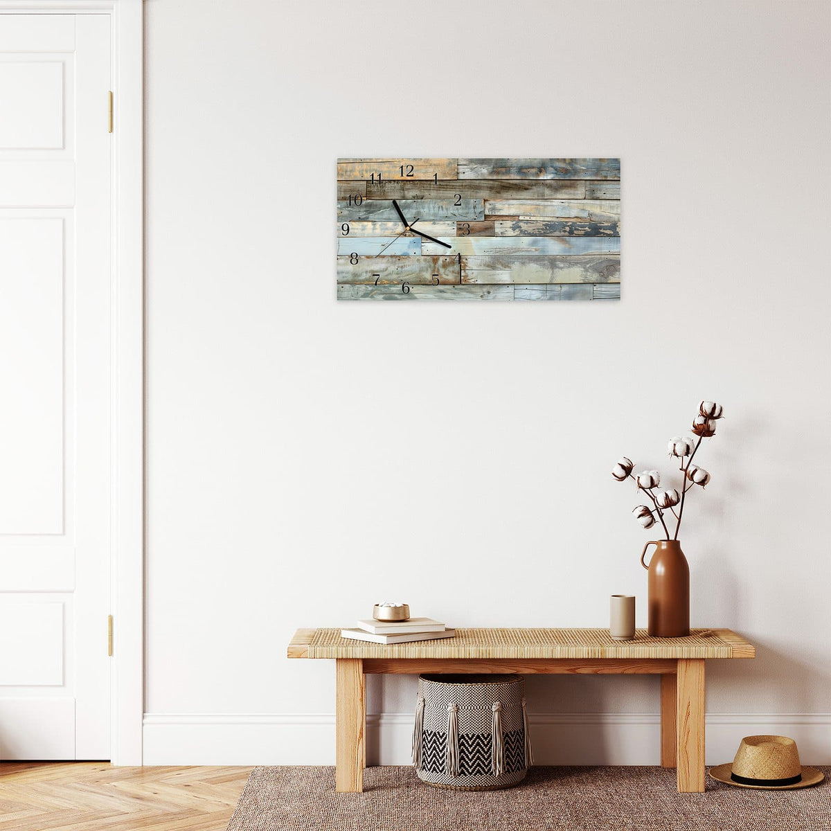 Moderne Wanduhr aus Glas mit Farbtiefe – Wanduhr Alte Holzplanken aus Glas – Querformat 60 × 30 cm