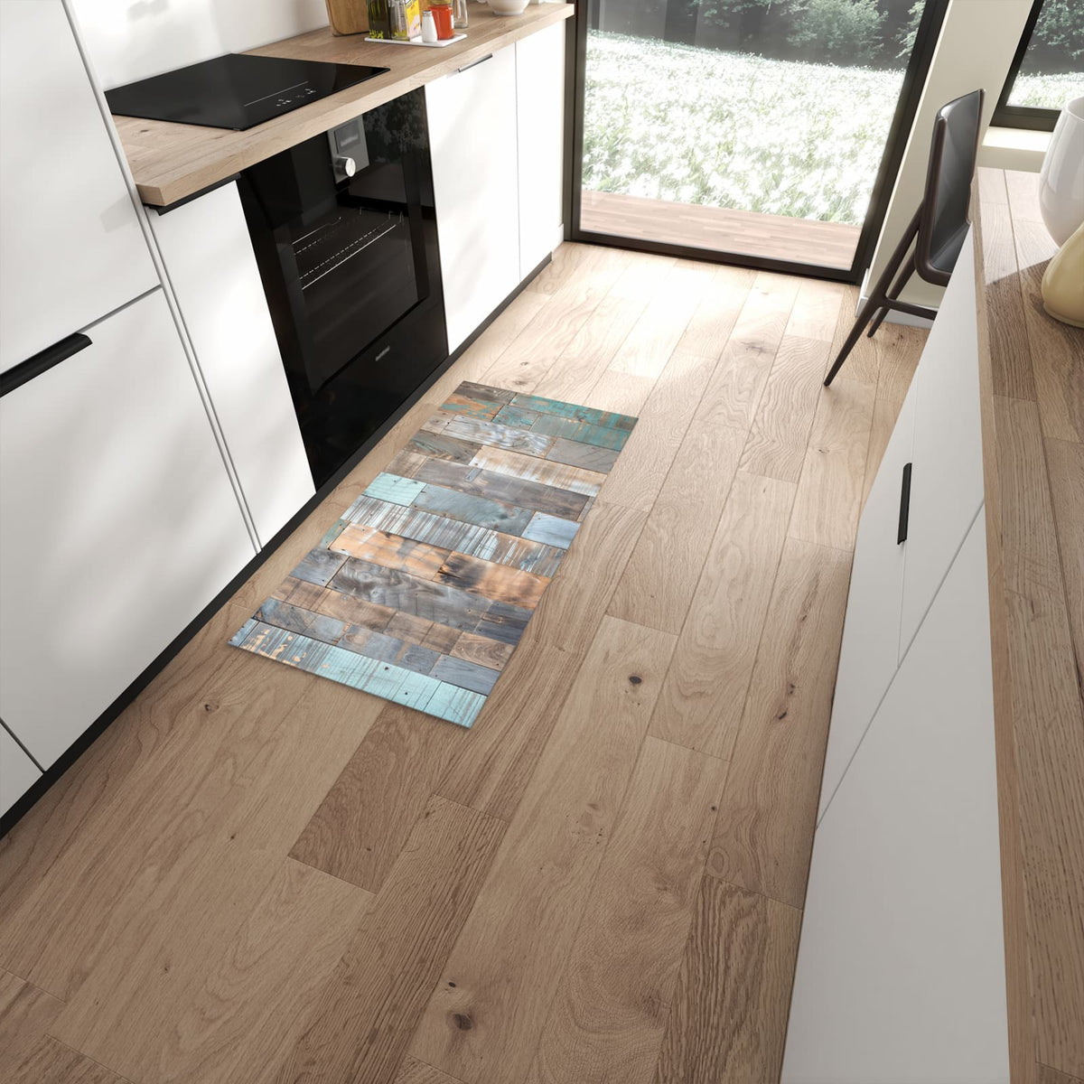 Pflegeleichter waschbarer Küchenteppich mit Motiv Holzplanken Vintage in moderner Küche #grösse_60 x 120 cm