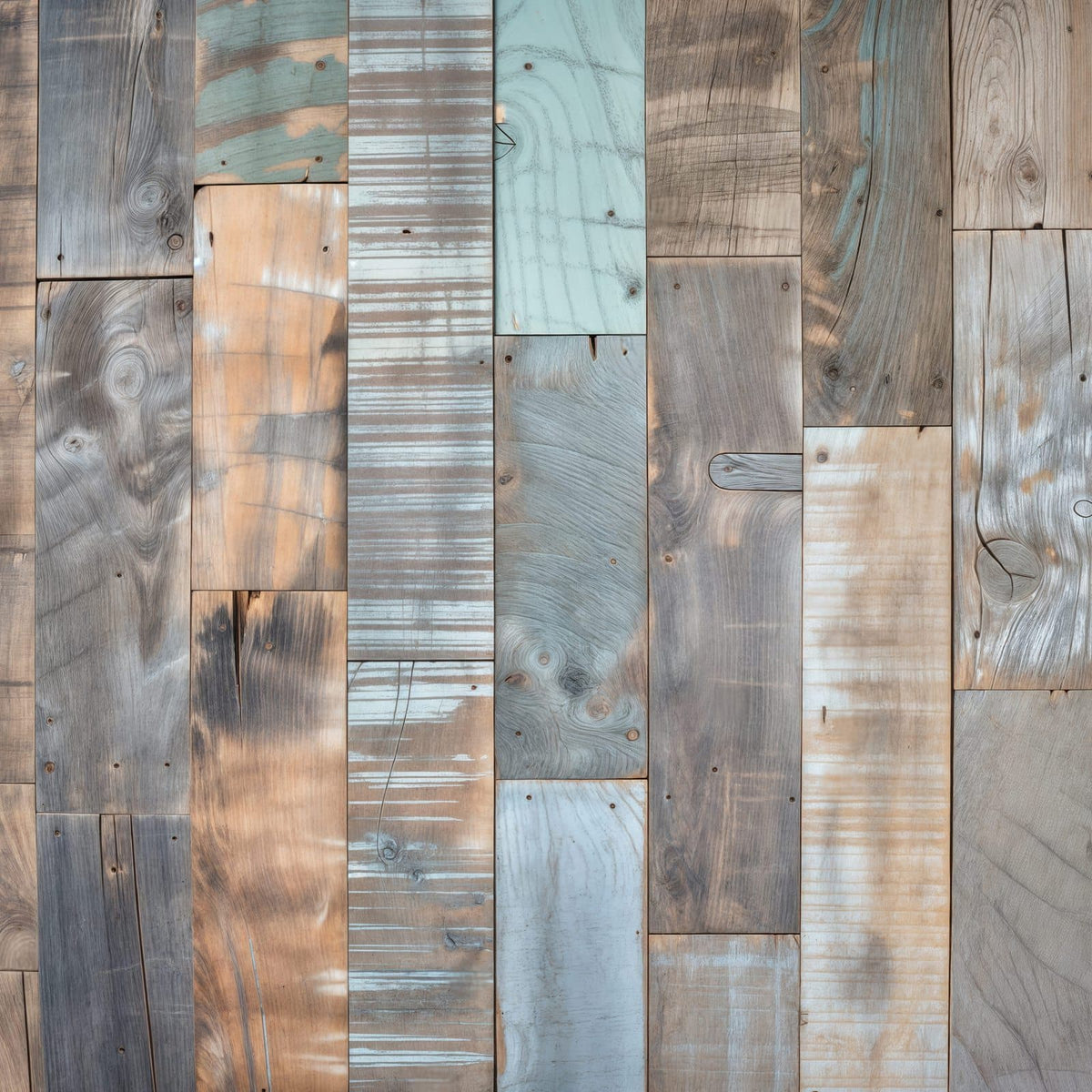 Echtglas, 4 mm – kein Acryl, keine Folie – Wandbild - Patchwork aus Altholz - Quadratisch