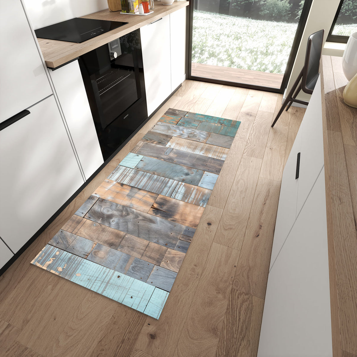 Waschbarer Küchenläufer mit Motiv Holzplanken Vintage in moderner Küche