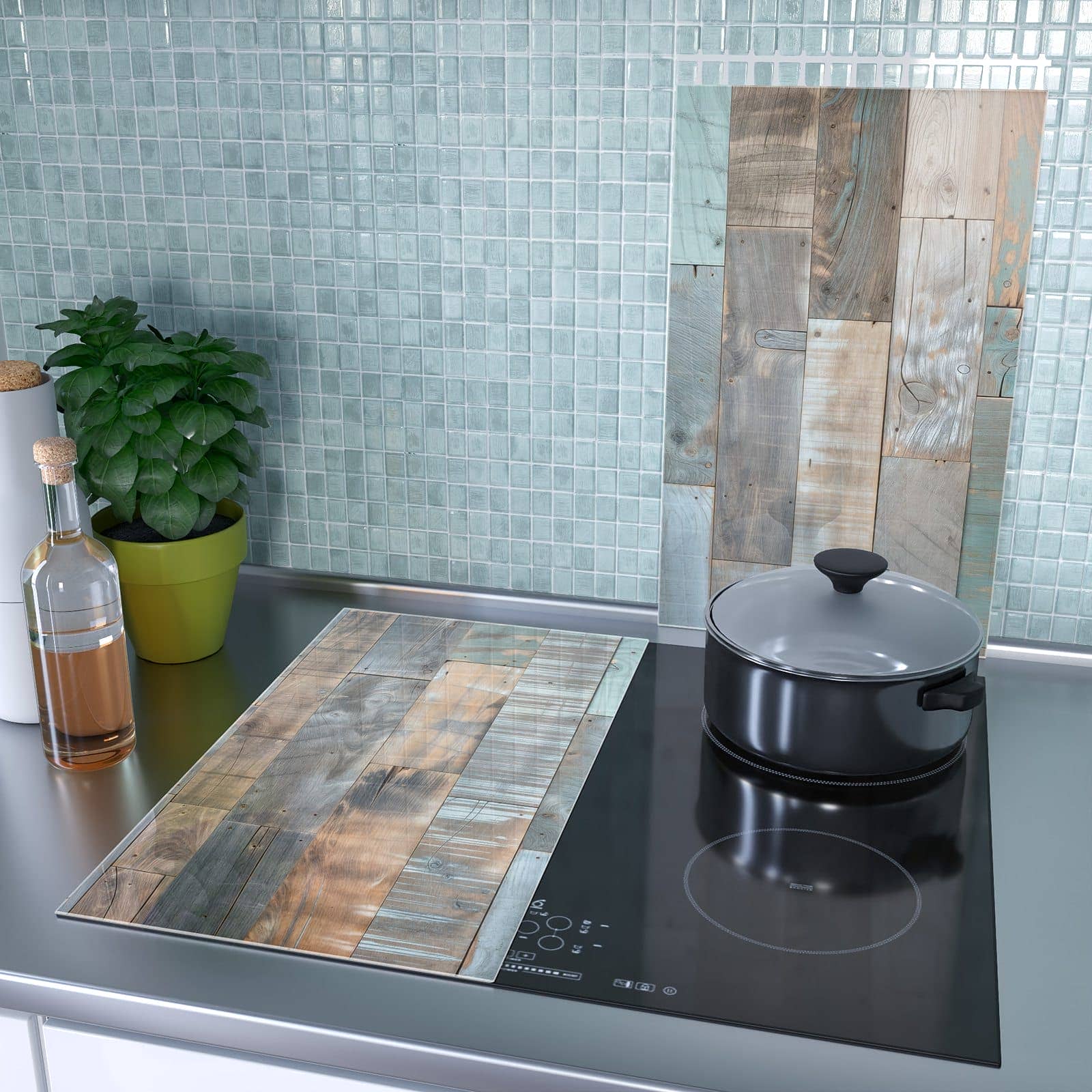 2-teilige Herdabdeckung mit Holzplanken Vintage-Motiv als Spritzschutz hinter dem Kochfeld