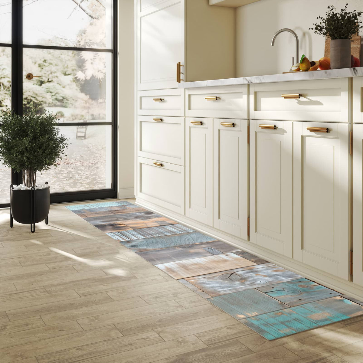 Waschbarer Küchenteppich mit Motiv Holzplanken Vintage in heller Küche