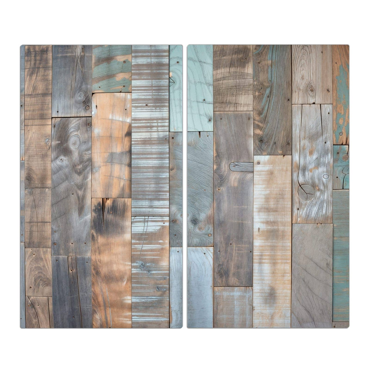 Patchwork unterschiedlich langer Altholzbretter in Grau, Braun und blassem Mint