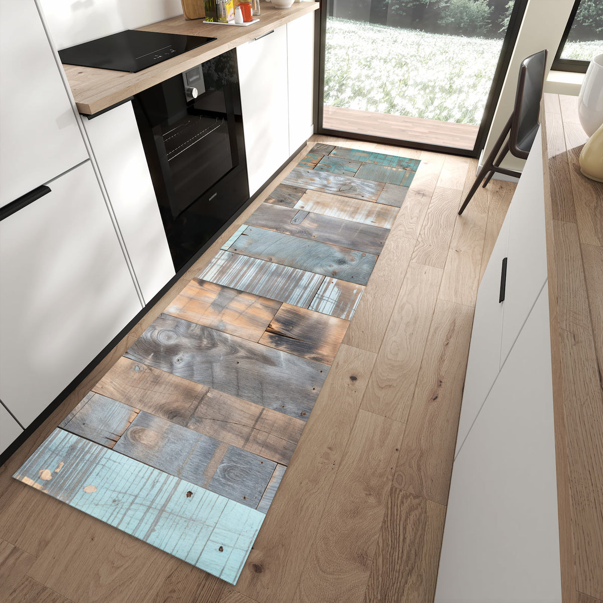 Rutschfester Küchenläufer mit Motiv Holzplanken Vintage in moderner Küche