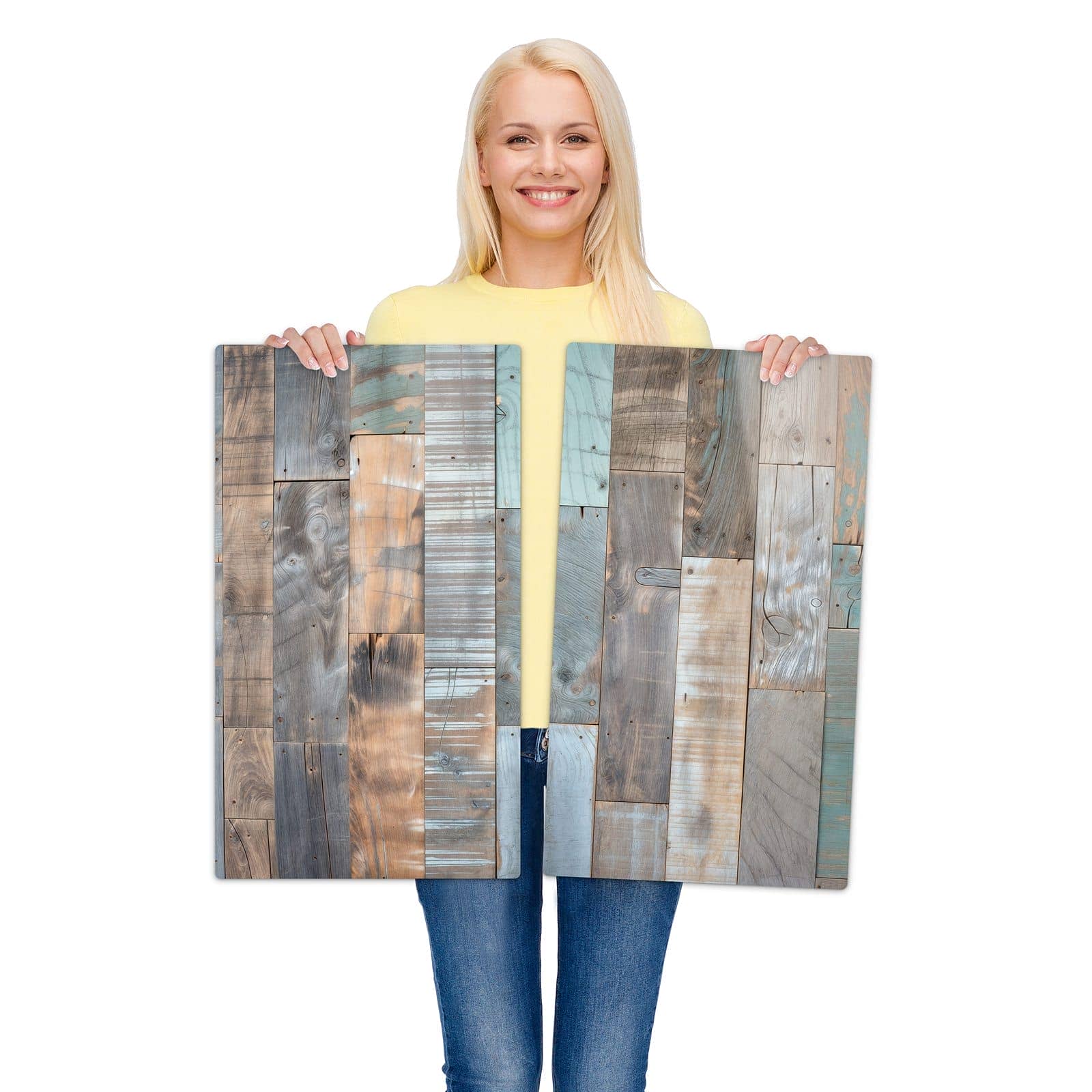 2-teilige Abdeckplatten für Ceranfeld mit Holzplanken Vintage-Motiv wird zur Größendarstellung gehalten