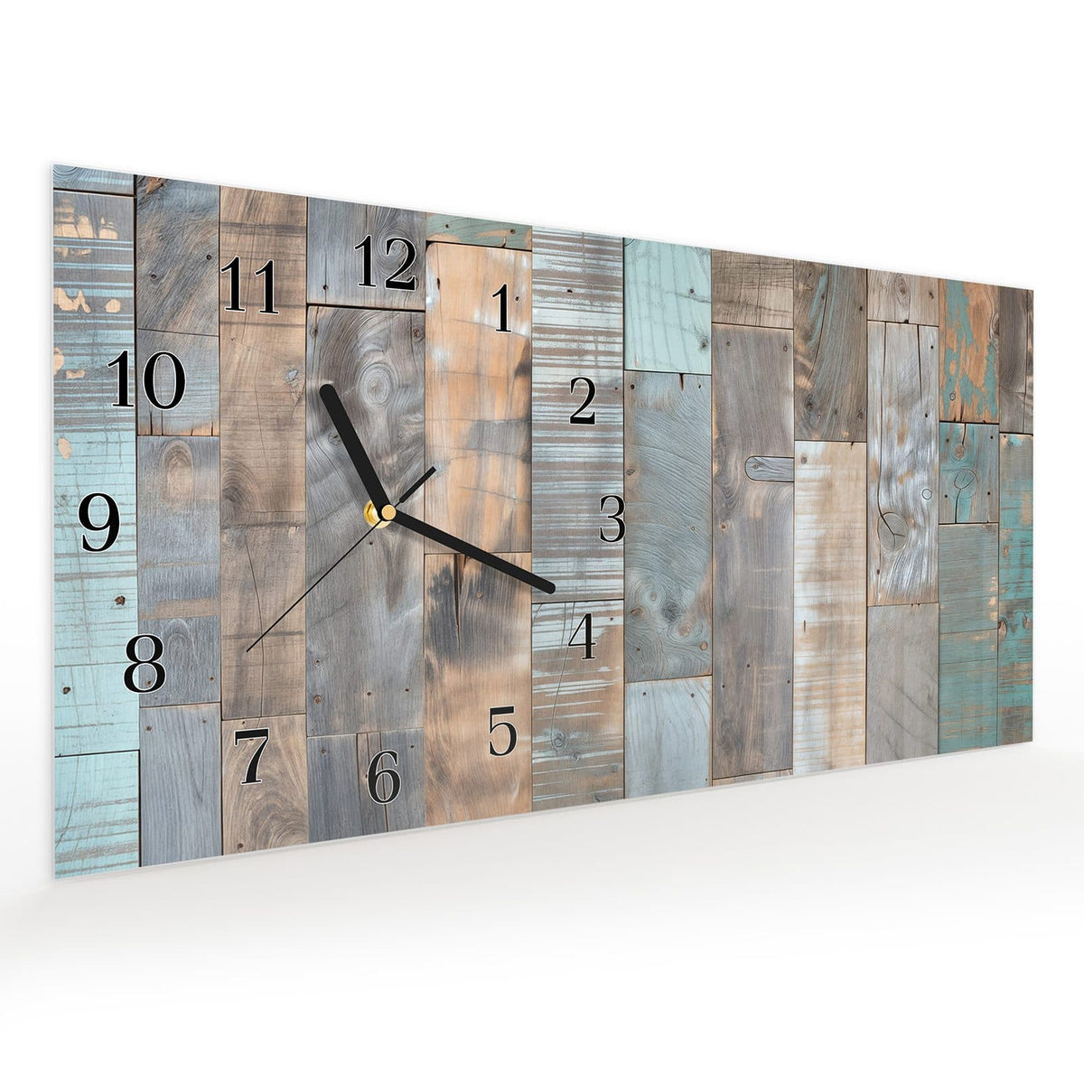 Vormontiert – mit Schwebeeffekt – Wanduhr Holzplanken Vintage aus Glas – Querformat 60 × 30 cm