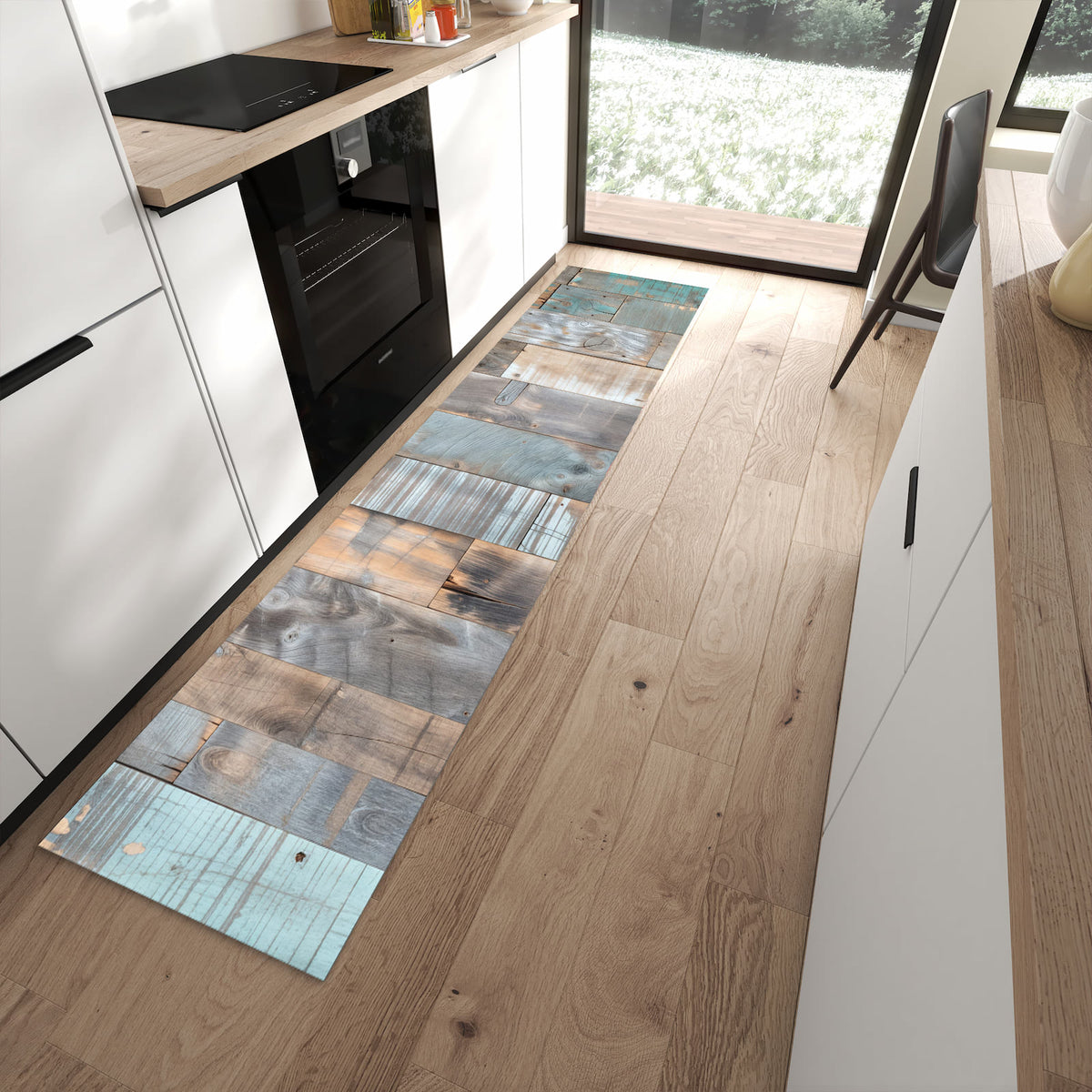 Küchenteppich mit Motiv Holzplanken Vintage für angenehme Haptik in moderner Küche