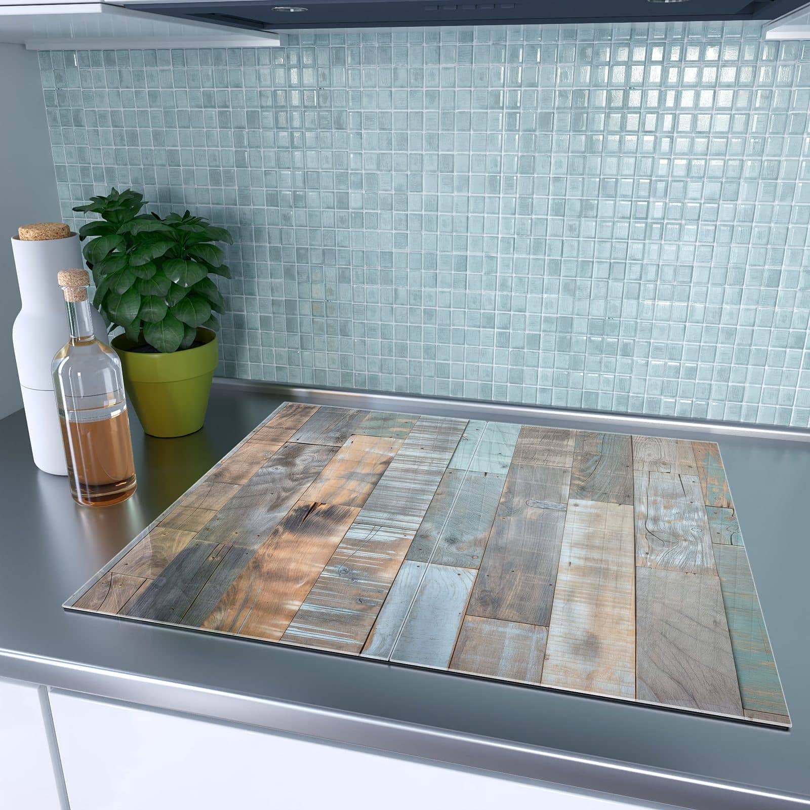 2-teilige Abdeckplatte für Induktionsherd mit Holzplanken Vintage-Motiv auf dem Ceranfeld