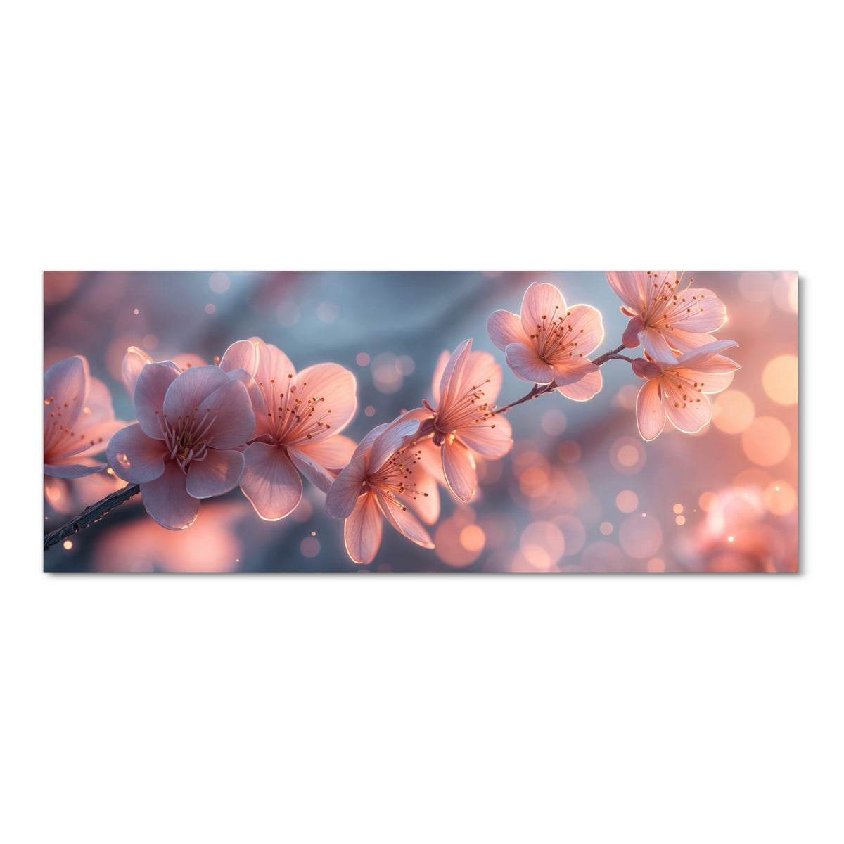 Rosa leuchtende Kirschblüten an einem Zweig vor blaugrauem Grund mit warmen Lichtpunkten.
