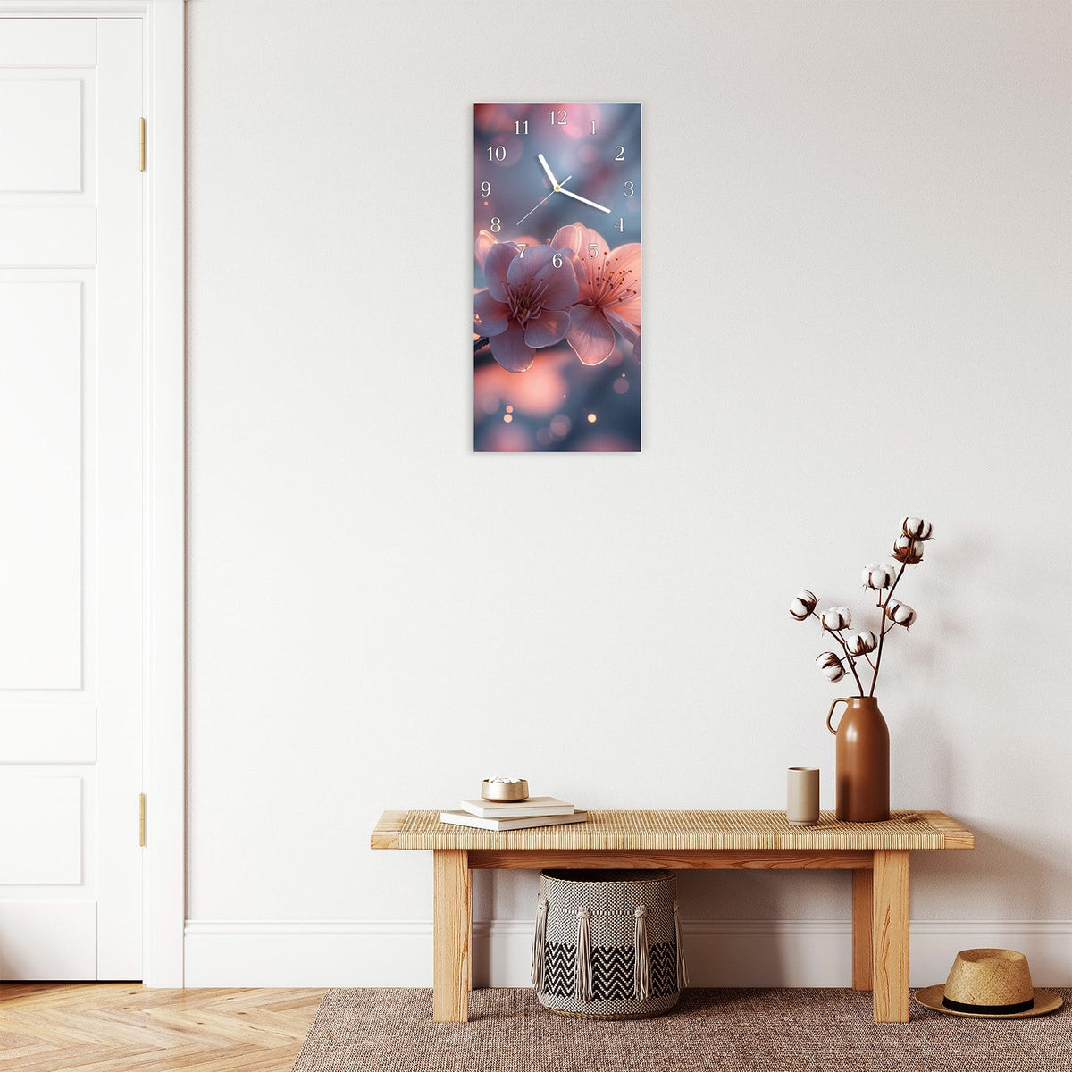 Moderne Wanduhr aus Glas mit Farbtiefe – Wanduhr Blühender Zweig aus Glas – Hochformat 30 × 60 cm