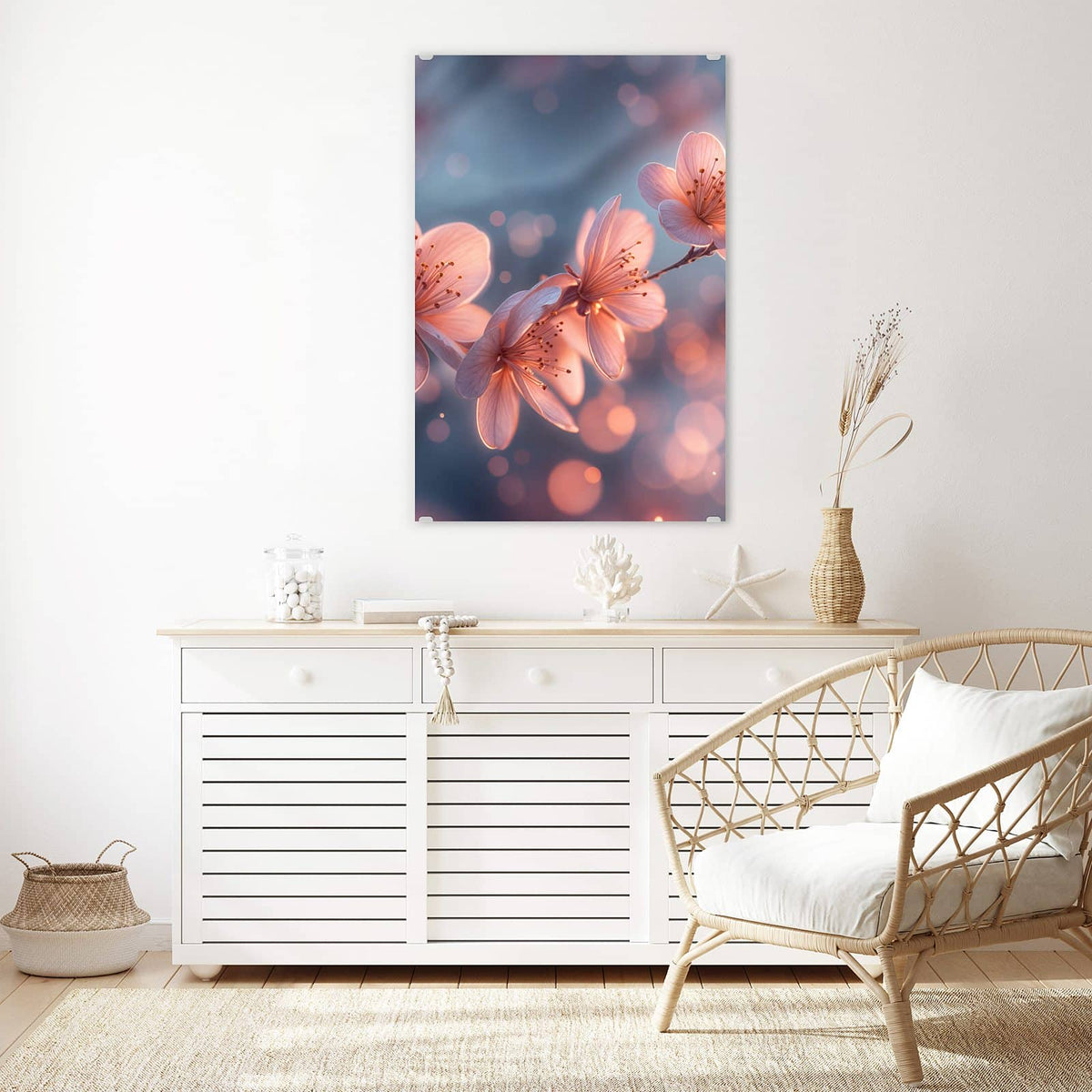 Glasbild Kirschblüten im Licht an der Wand – Rosa leuchtende Kirschblüten an einem Zweig vor blaugrauem Grund mit warmen Lichtpunkten.