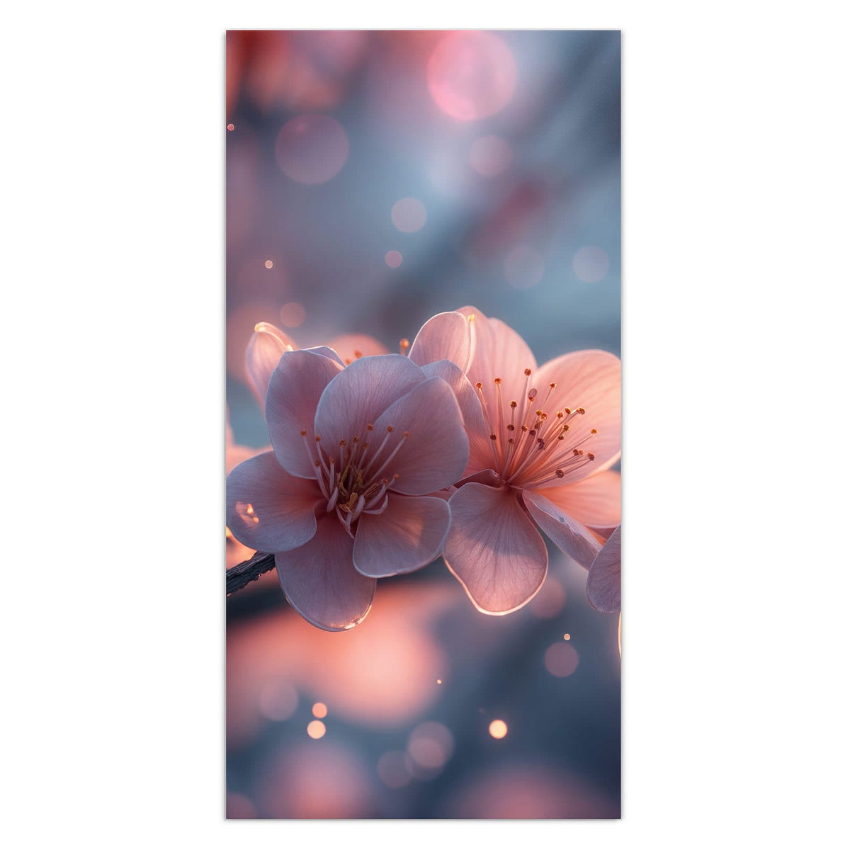 Rosa leuchtende Kirschblüten an einem Zweig vor blaugrauem Grund mit warmen Lichtpunkten.