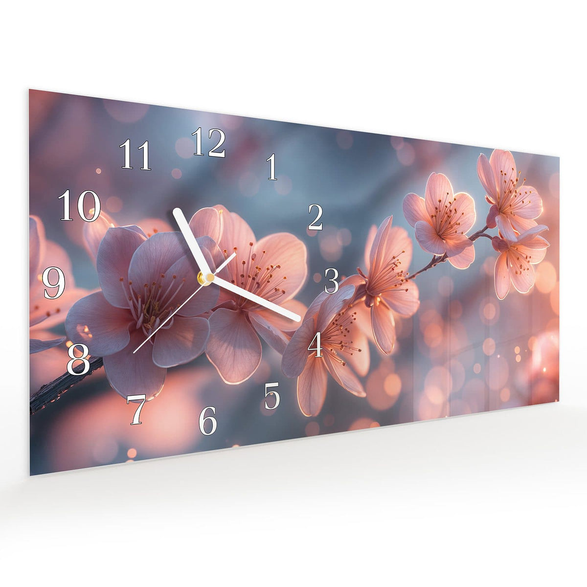 Vormontiert – mit Schwebeeffekt – Wanduhr Blühender Zweig aus Glas – Querformat 60 × 30 cm