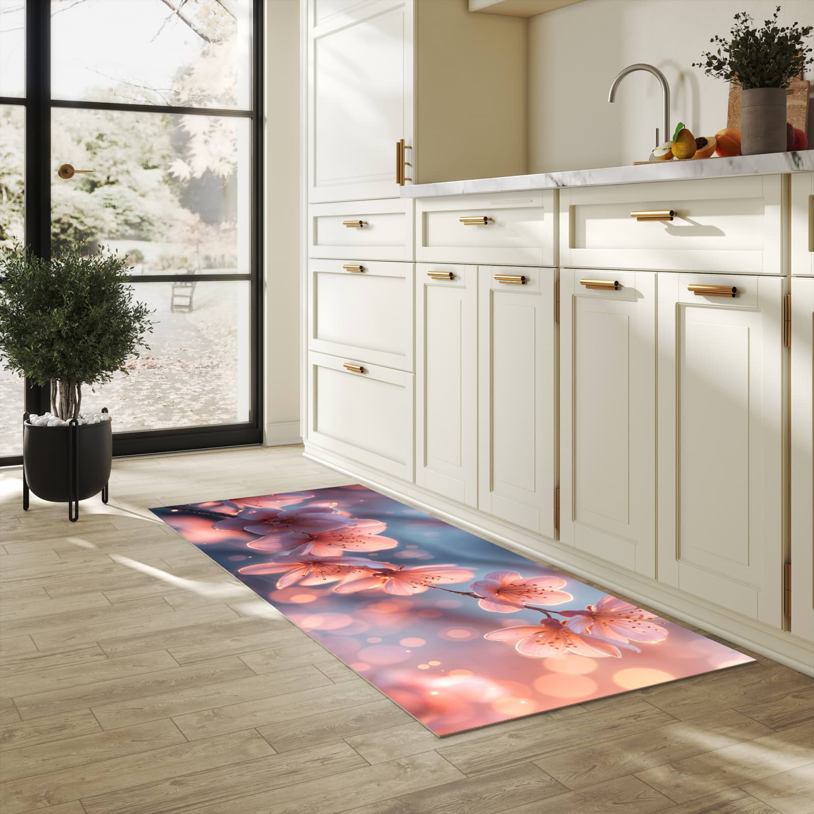 Schmutzabweisender moderner Küchenläufer mit Motiv Blühender Zweig in heller Küche