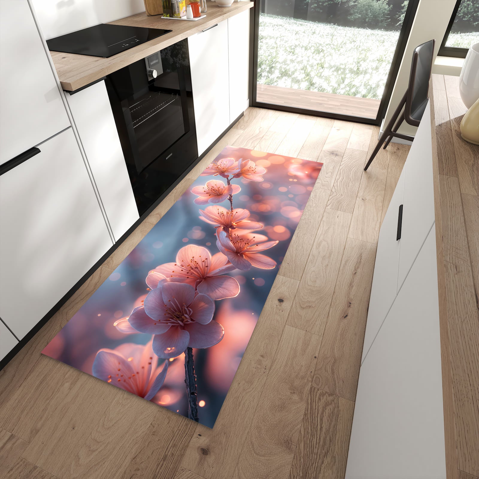 Wasserabweisender Küchenteppich mit Motiv Blühender Zweig in moderner Küche