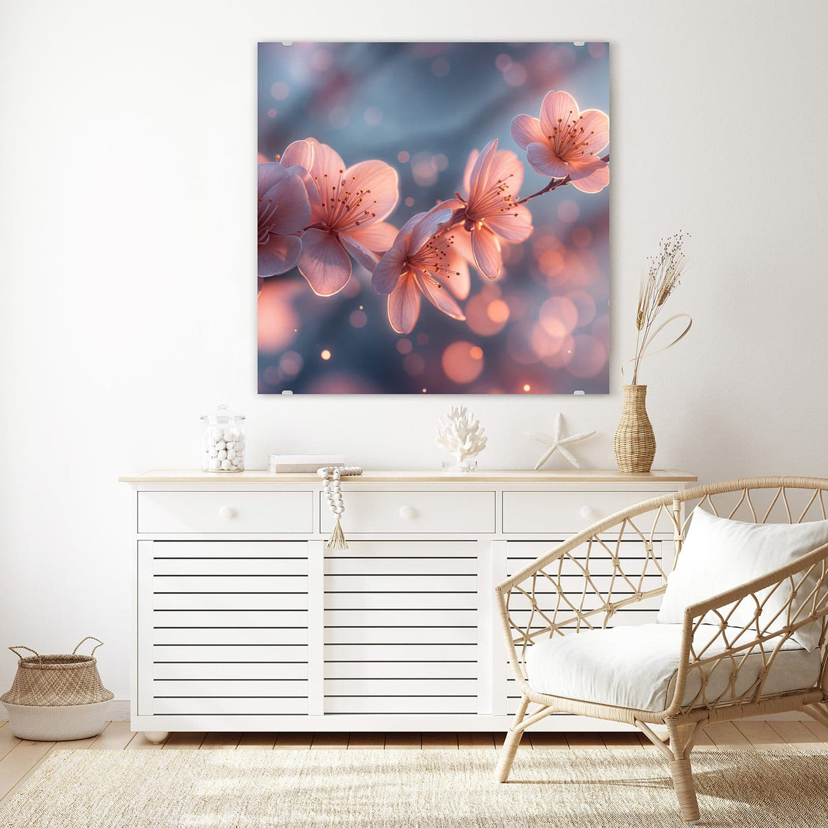 Echtglas, 4 mm – kein Acryl, keine Folie – Wandbild - Kirschblüten im Licht - Quadratisch