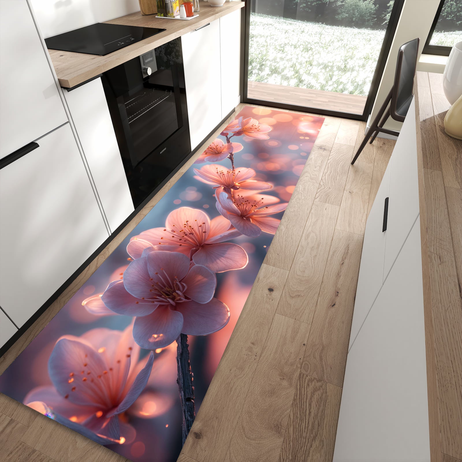 Geruchsneutraler rutschfester Küchenteppich mit Motiv Blühender Zweig in moderner Küche