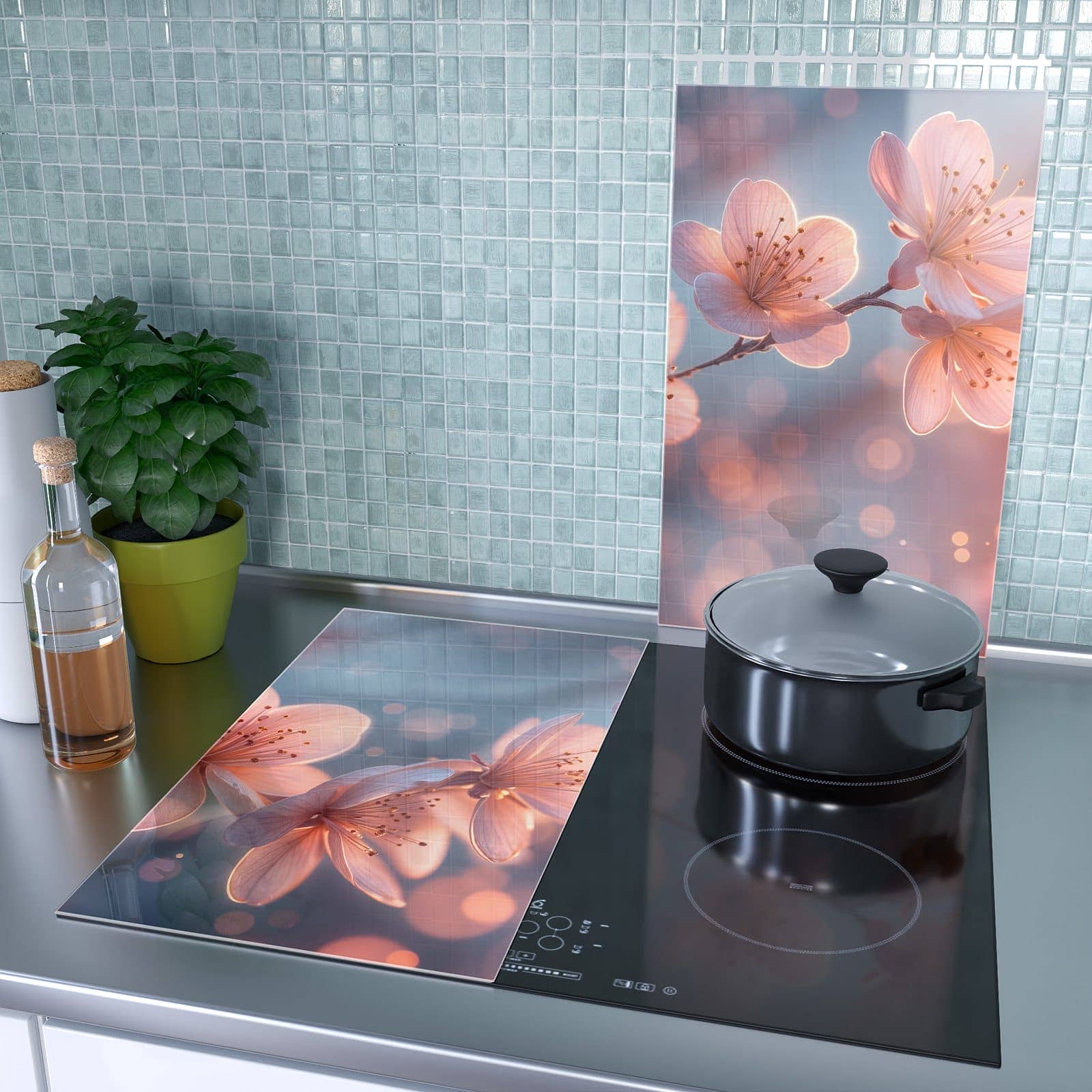 2-teilige Herdabdeckplatten für Ceranfeld mit Blühender Zweig-Motiv als Spritzschutz hinter dem Kochfeld