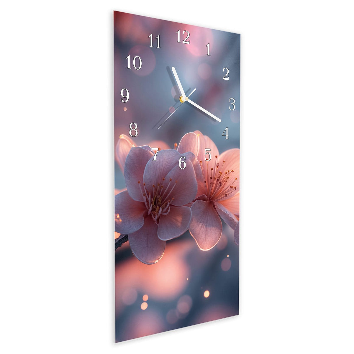 Vormontiert – mit Schwebeeffekt – Wanduhr Blühender Zweig aus Glas – Hochformat 30 × 60 cm