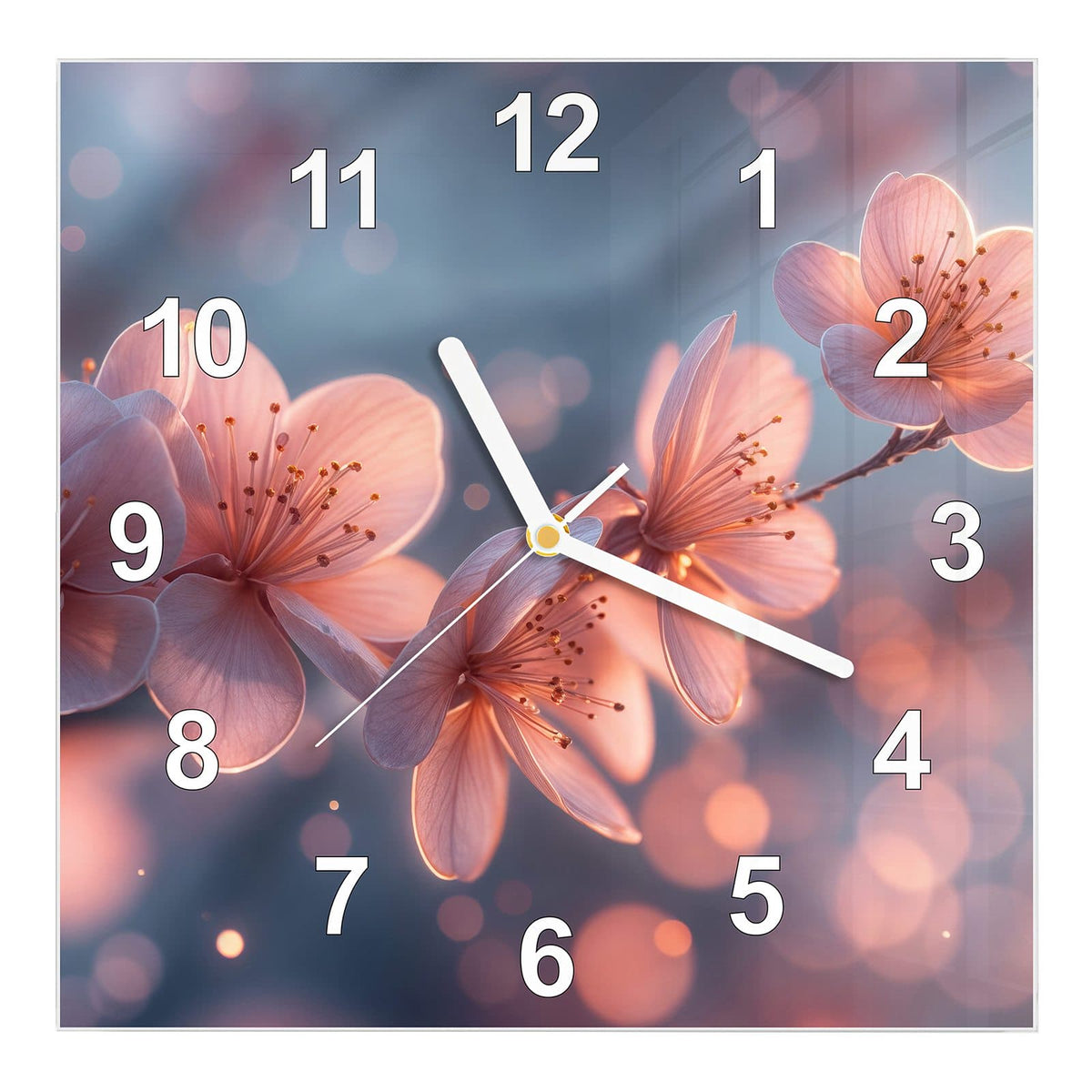Wanduhr aus Glas, Ziffernblatt Modern: Rosa leuchtende Kirschblüten an einem Zweig vor blaugrauem Grund mit warmen Lichtpunkten. #ziffernblatt_Modern